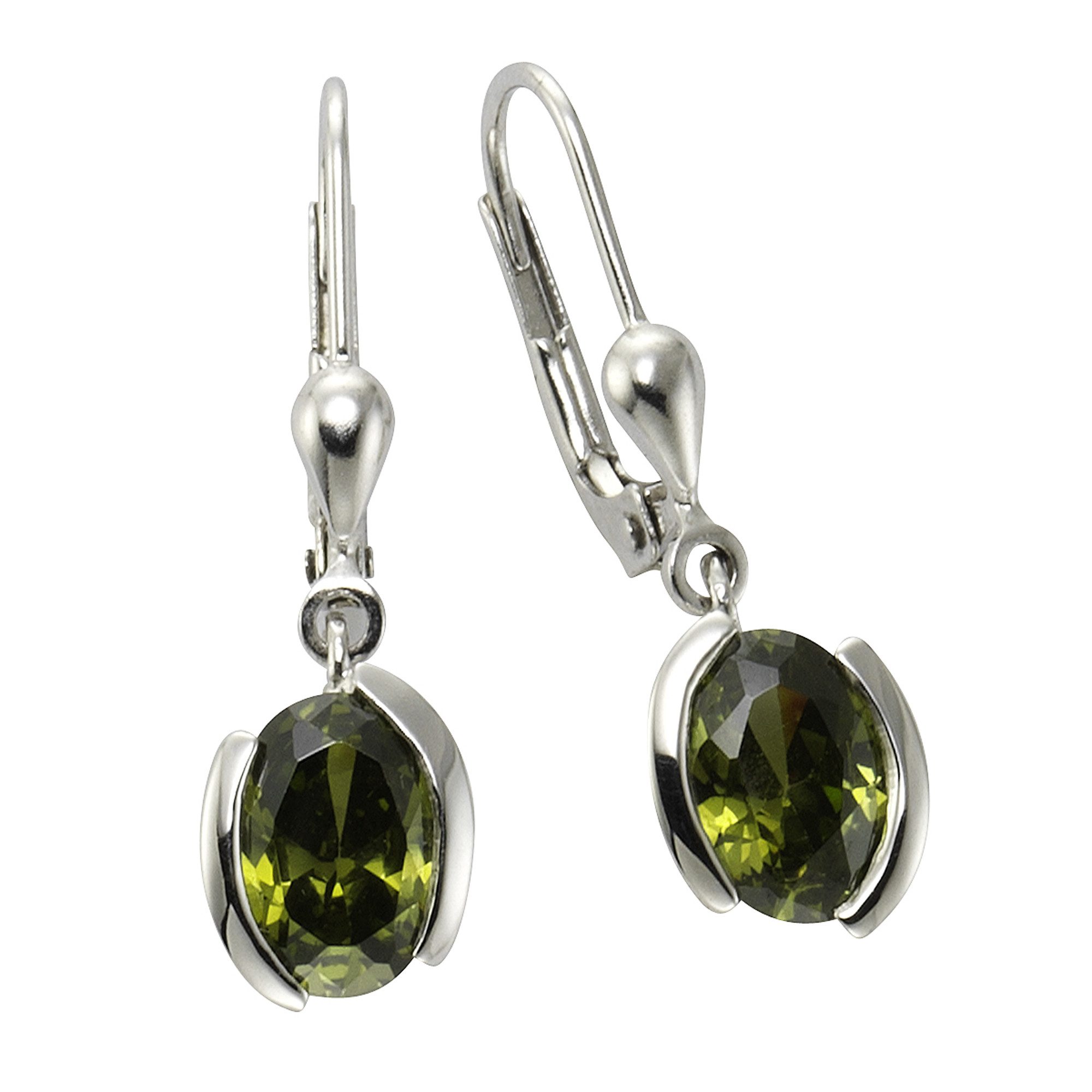 Zeeme Paar Ohrhänger Silber 925 mit Zirkonia-Steinen olivefarben 26mm lang