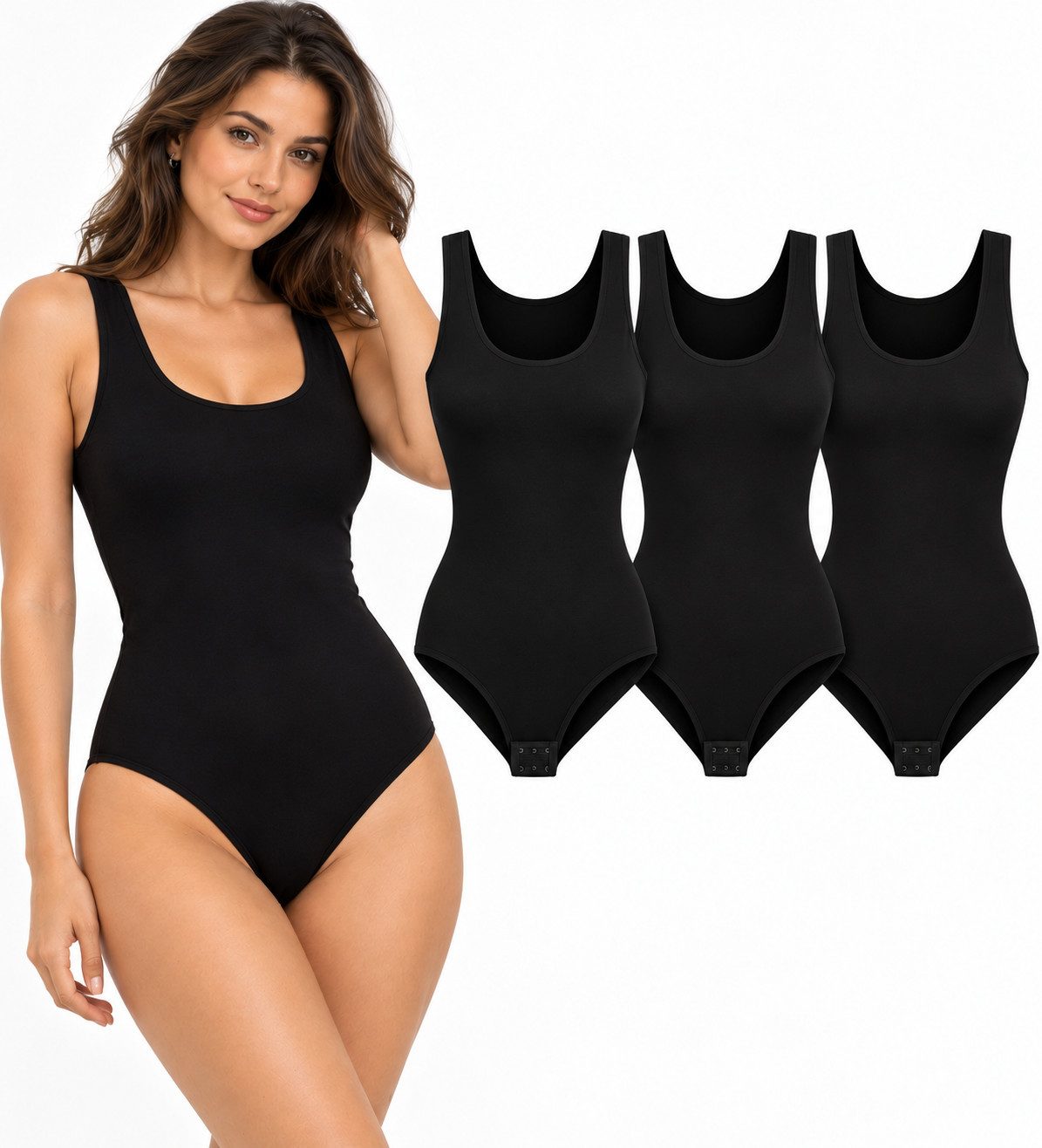 fashionshowcase Body Damen Trägerbody 3er Pack Baumwolle Stretch mit Hakenverschluss (3-tlg) glatte Verarbeitung für unsichtbares Tragen unter Kleidung