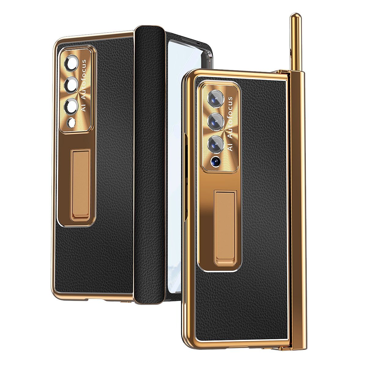 Wigento Handyhülle Für Samsung Galaxy Z Fold4 5G Magnetische Kunststoff / Glas Handy Tasche Hülle Etuis Schwarz / Gold + Stift