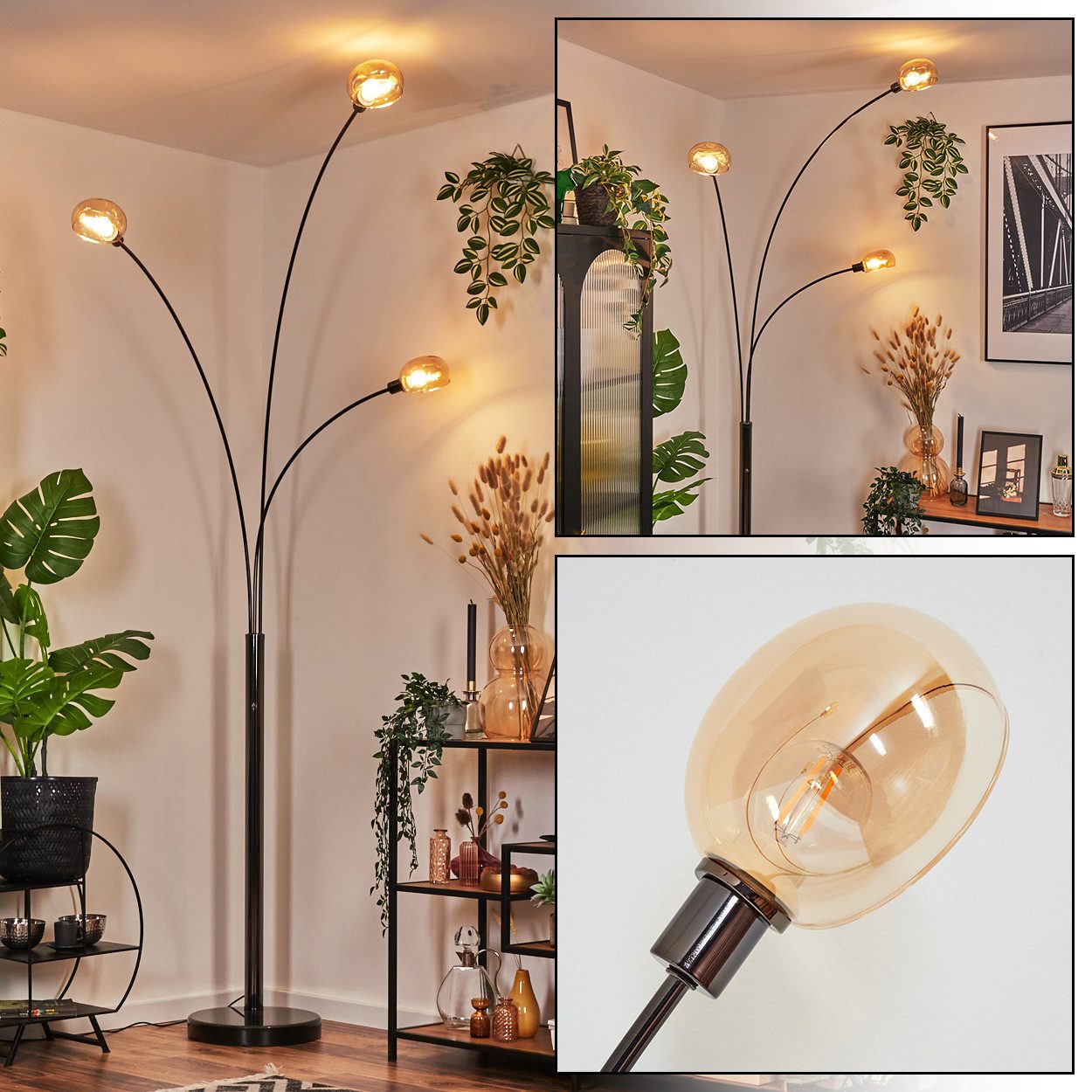 Stehlampe Stehlampe aus Metall in Schwarz/Chrom/Bernstein im Retro-Design