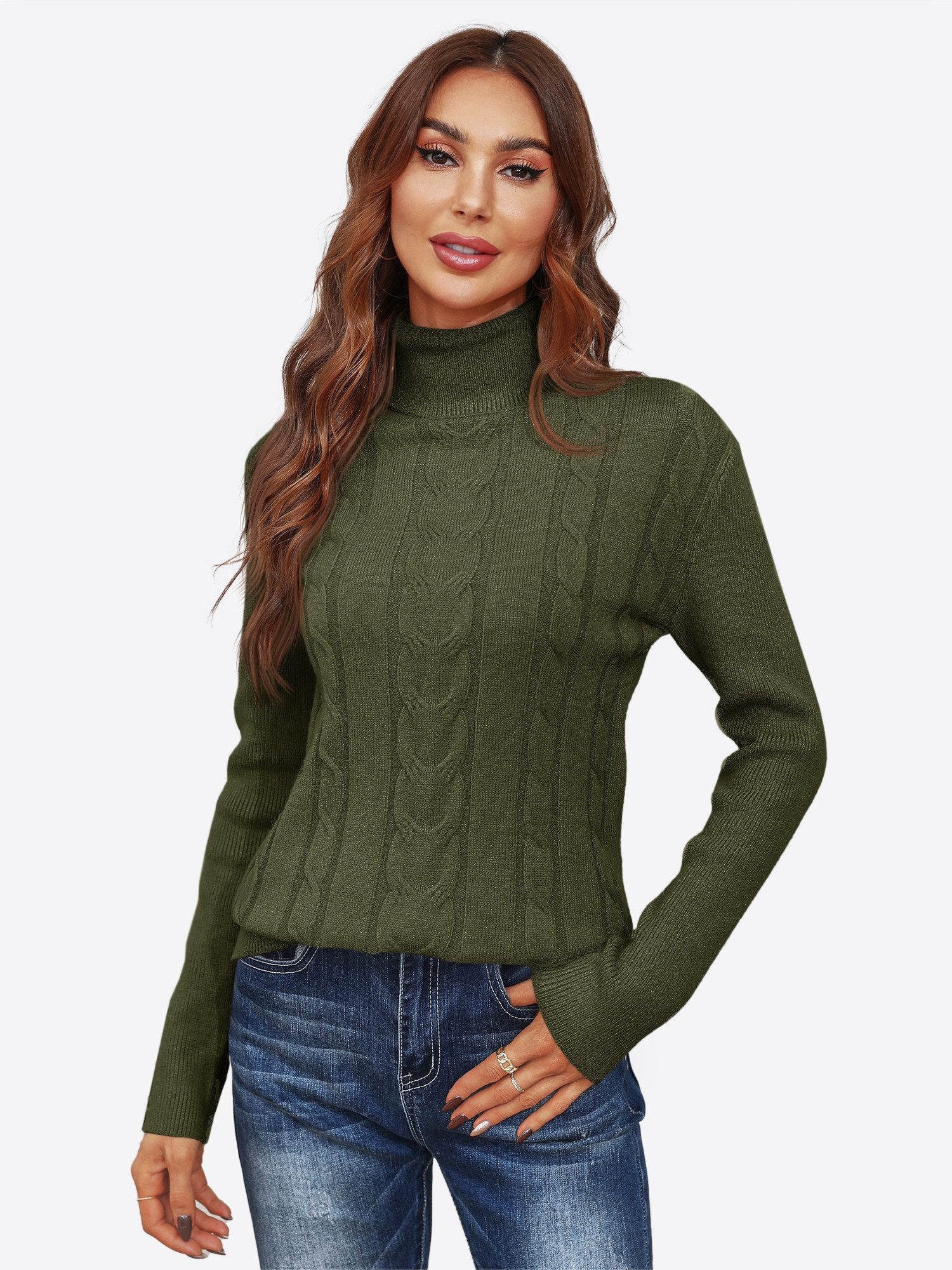 Imily Bela Sweater Damen Rollkragenpullover mit Zopfmuster und langen Ärmeln