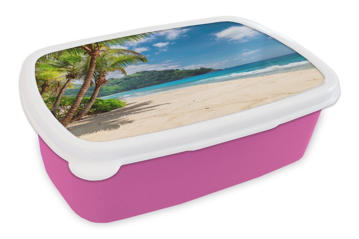 MuchoWow Lunchbox Strand - Meer - Insel - Urlaub, Kunststoff, (2-tlg), Brotbox für Erwachsene, Brotdose Kinder, Snackbox, Mädchen, Kunststoff rosa