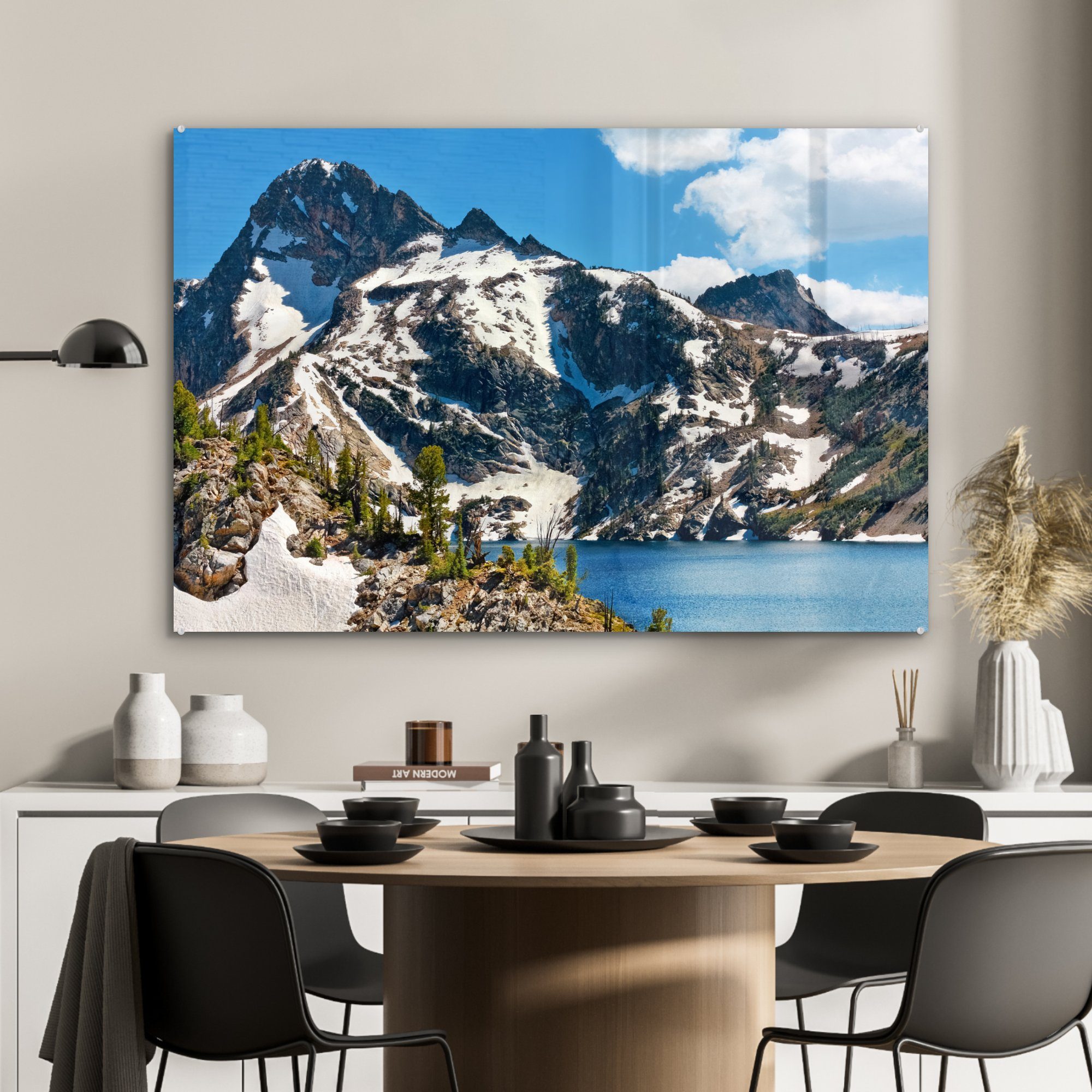 MuchoWow Acrylglasbild Schneebedeckte Berge Lake, Schlafzimmer St), (1 Sawtooth & Wohnzimmer Acrylglasbilder
