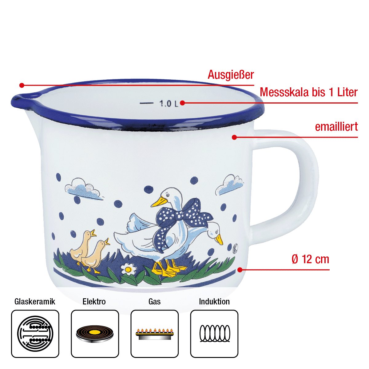 EUROHOME Milchtopf im Landhauslook Milchtopf emailliert mit Messskala 1l, Emaille (1-tlg., Milchtopf Ø12 cm), Milchtopf mit Ausgießer - Milchtopf Induktion