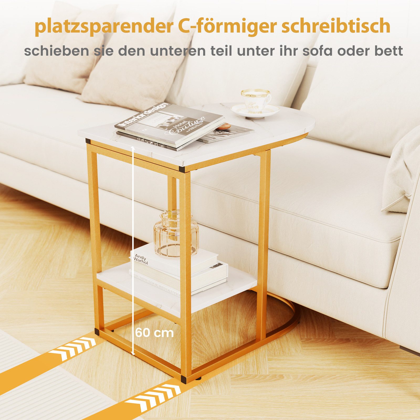 COSTWAY Beistelltisch, Marmor, 2-stöckiger Sofatisch mit Ablage, C Form