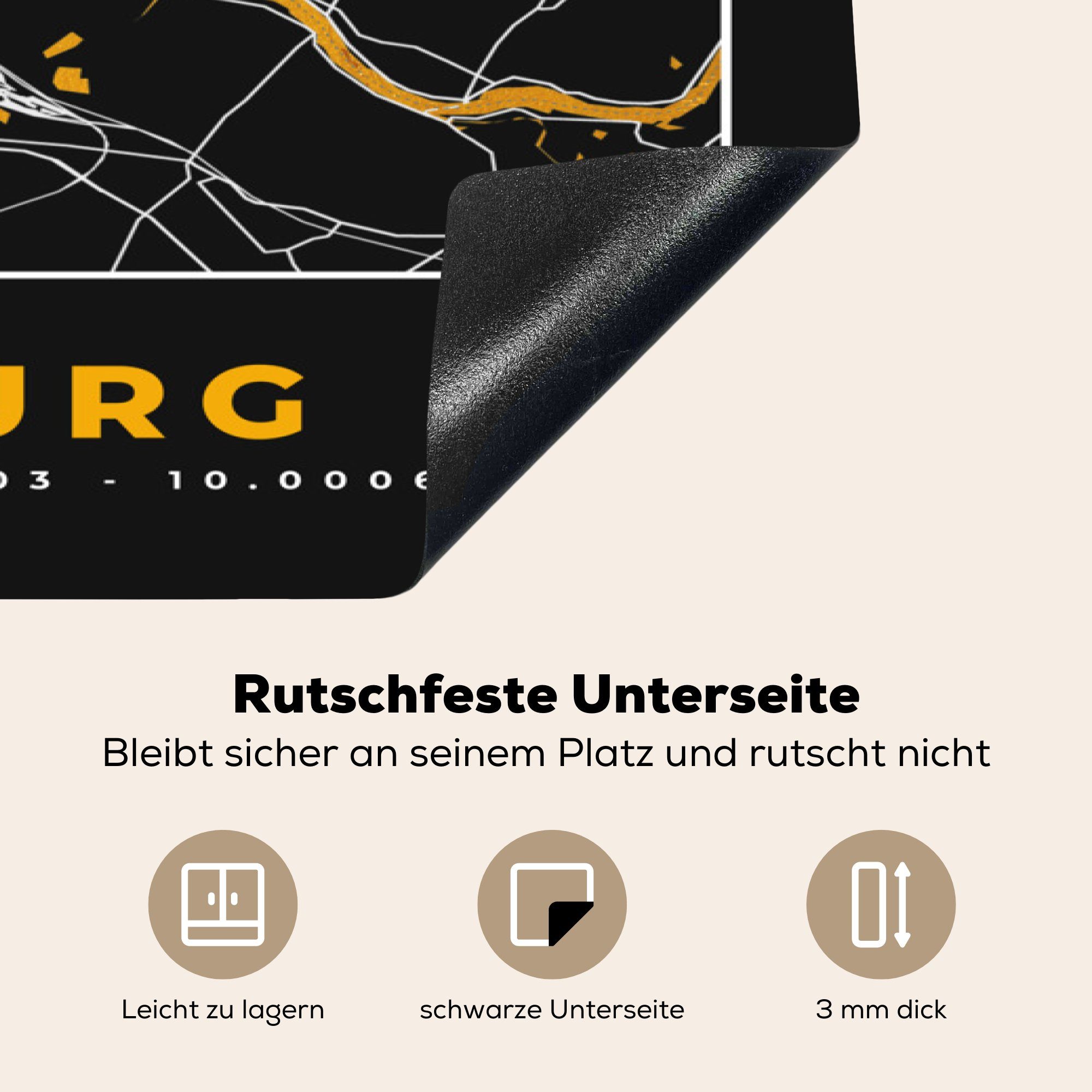 MuchoWow Herdblende-/Abdeckplatte Hamburg Stadtplan, (1 - Vinyl, - für Karte Deutschland - Arbeitsplatte tlg), - küche Ceranfeldabdeckung, cm, 78x78 Gold
