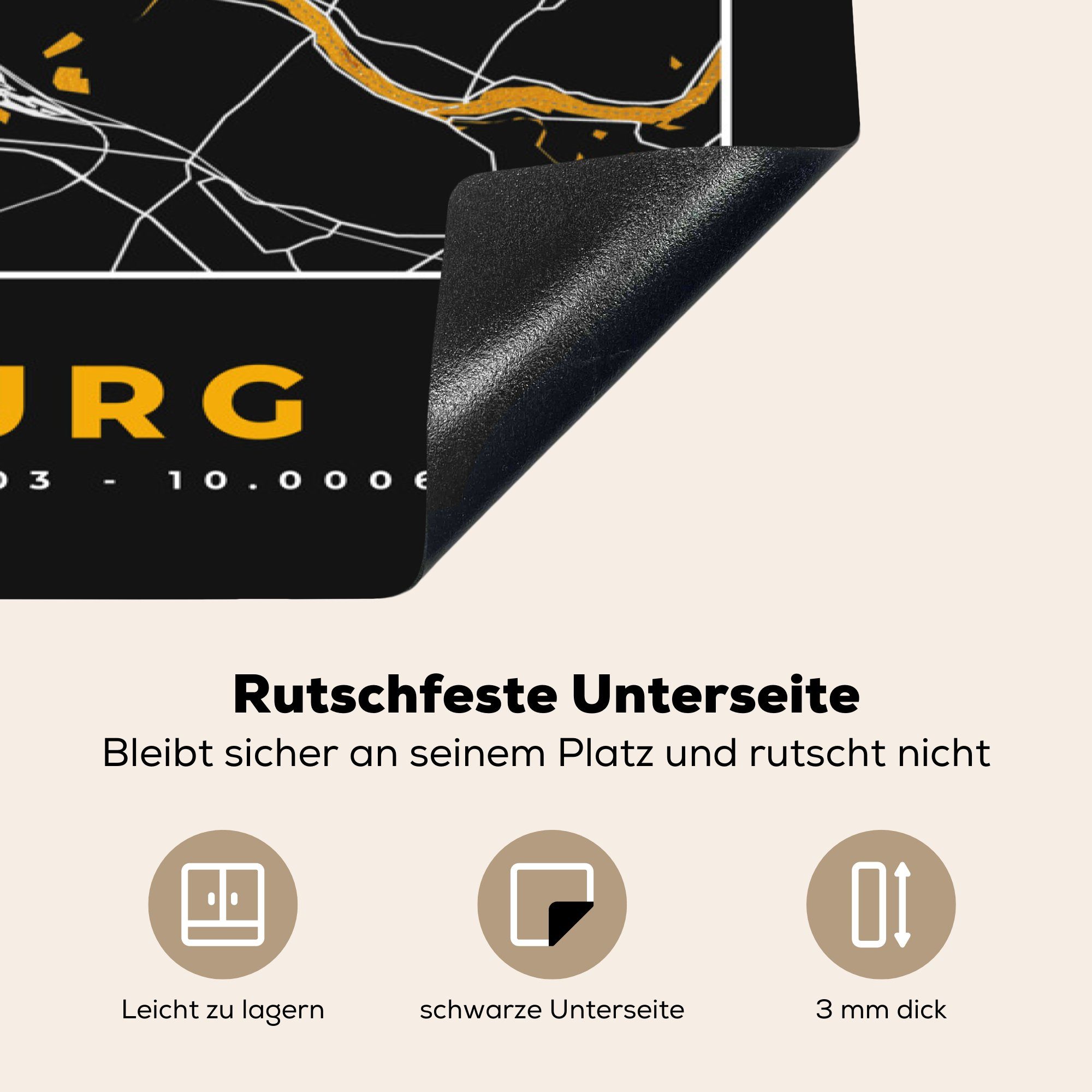 Ceranfeldabdeckung, Herdblende-/Abdeckplatte Vinyl, - 78x78 Stadtplan, küche - Gold cm, Deutschland - tlg), für MuchoWow Hamburg Karte Arbeitsplatte (1 -