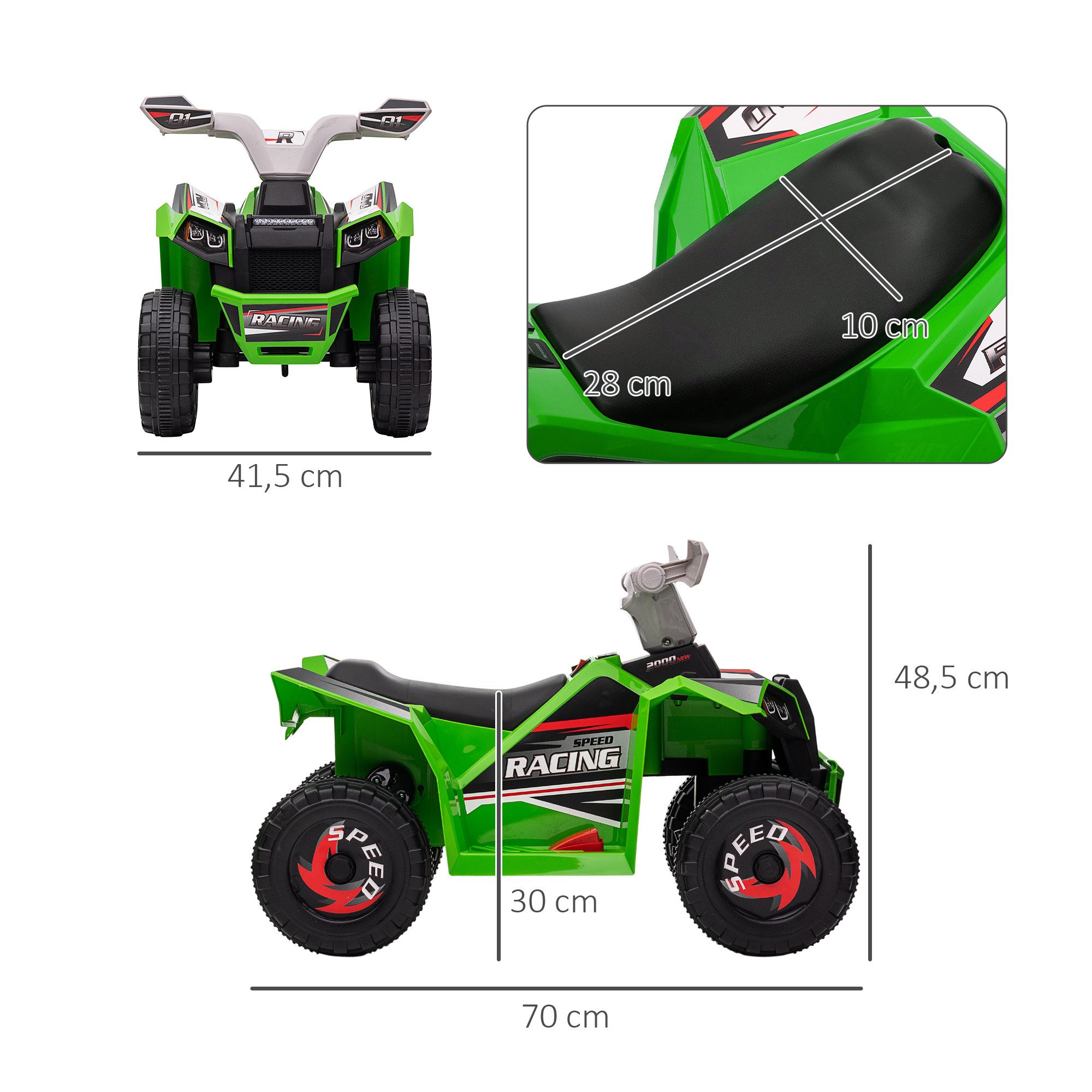 HOMCOM Elektro-Kinderquad 6V Elektro Quad für Kinder mit Vorwärts-, Rückwärtsfunktion, Belastbarkeit 25 kg, (1-tlg), mit 4 Rädern, 2,5 km,h, für 1,5-3 Jahre Kinder, 70x41,5x48,5 cm, Grün