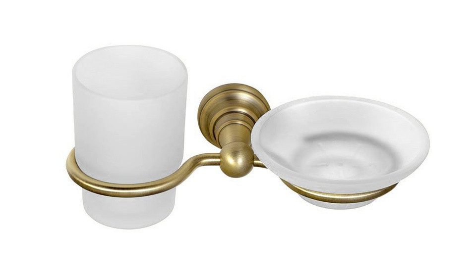Sapho Zahnputzbecher DIAMOND Bürstenhalter mit Seifenschale, Milchglas, Bronze, Sapho-1318-04