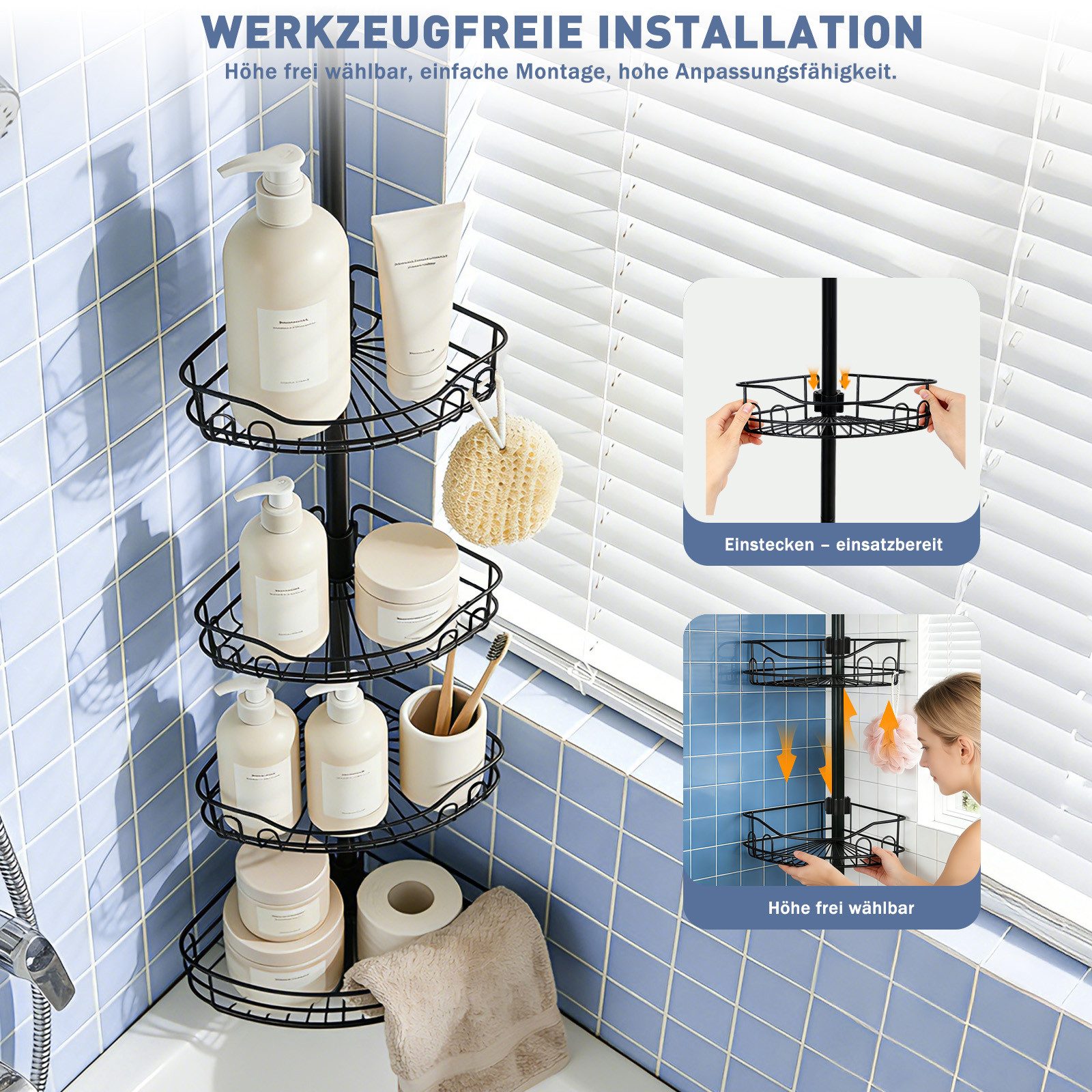 Sekey Duschregal Teleskop-Duschregal ohne Bohren, Eckablagen mit 4 Körbe, Eckregal Bad, Clipsystem, 80–310 cm, schwarz – Bild 5 von 5