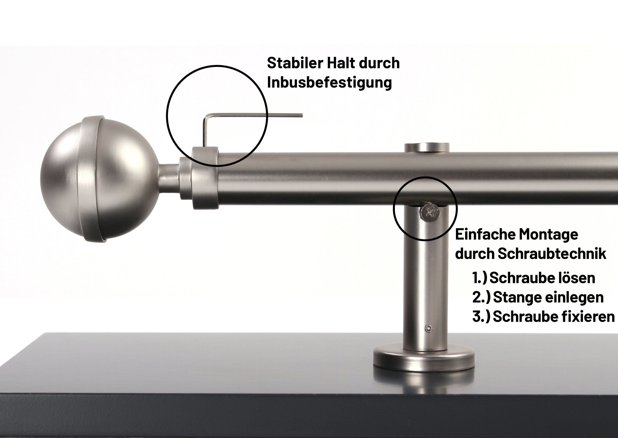 Deco-Raum Gardinenstange Kugel in Edelstahl-optik, Ø 25 mm, 1-läufig, kürzbar, Wunschmaßlänge, Bohren, verschraubt, Metall, Komplett-Set mit Montagematerial