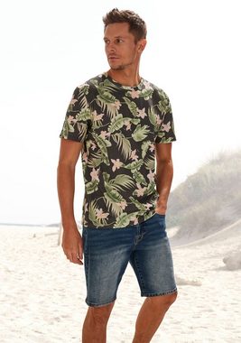 Beachtime T-Shirt mit Palmenblättern bedruckt und Rundhals-Ausschnitt