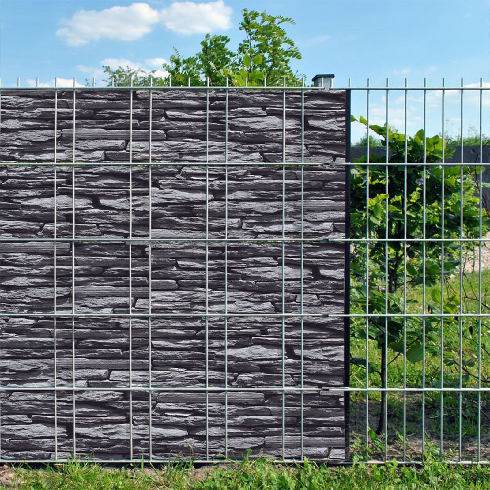 zaunzu Sichtschutzstreifen Schiefer bedruckter Sichtschutz 2,5m x 2,0m, (1 Rolle, Motivdruck Sichtschutzstreifen), Beidseitiger Druck für Doppelstabgitter