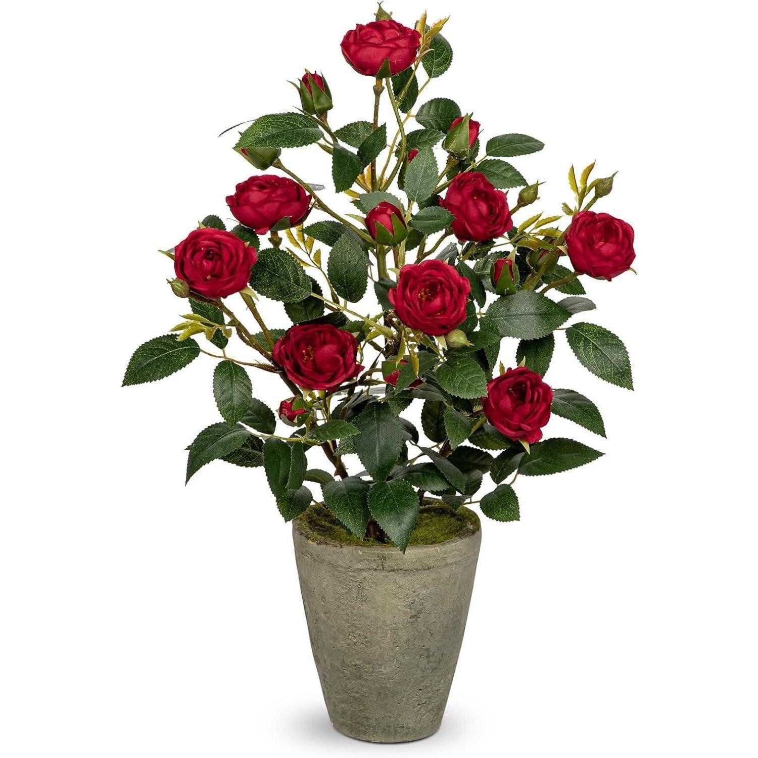 Kunstblume Kunstrosen Rosenbusch 38 cm Zememttopf rot Deko Dunkelrot, LuxusKollektion