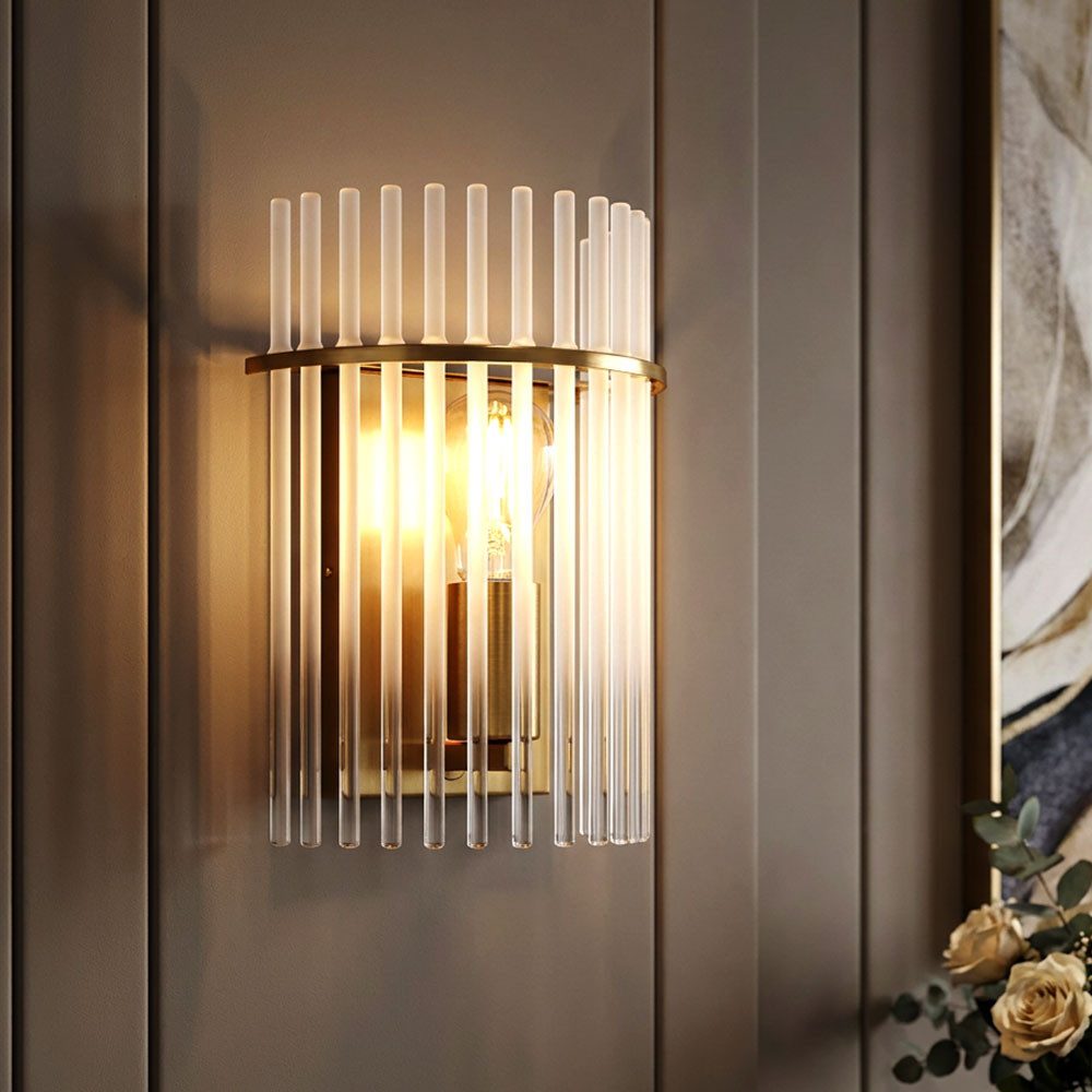 GLOBO LIGHTING Wandleuchte, Leuchtmittel nicht inklusive, Wandleuchte Wohnzimmerlampe opal klar Glasstäbe E27 Metall gold