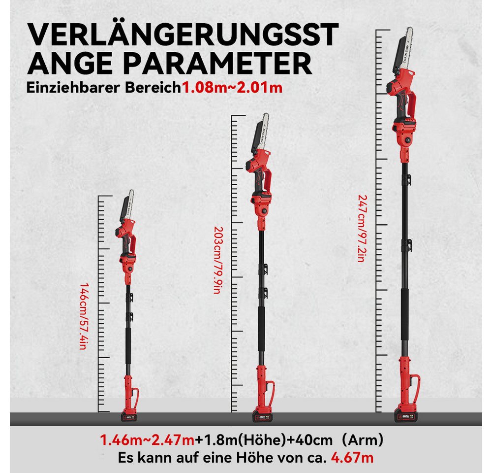 Thumbnail - ONEVAN Akku-Hochentaster 8 Zoll Mini Kettensäge 2-In-1 Bürstenlose Teleskop Kettensäge, bis 2,01 m Arbeitshöhe, mit 2X A...