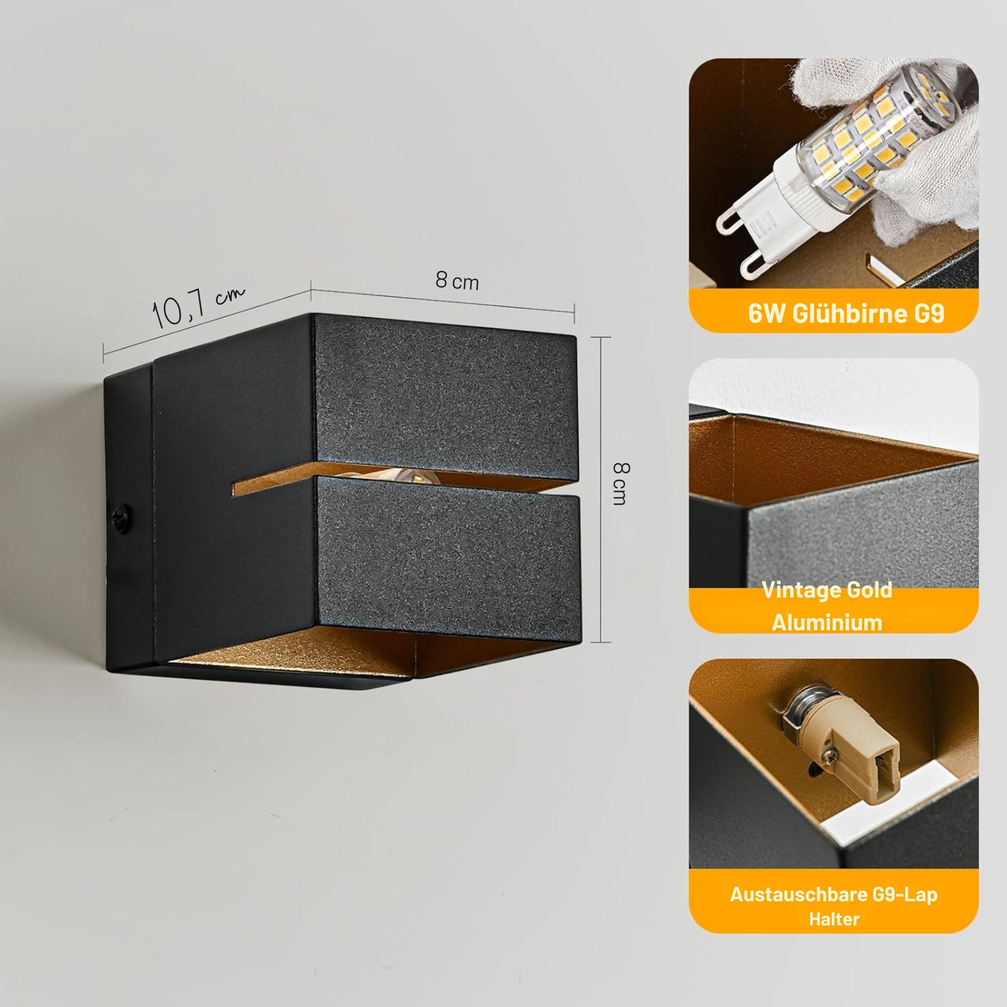 Vivitar LED Wandleuchte Wandleuchte Aluminium –2er SET– Wandlampe Schwarz Gold, LED wechselbar, Design Wandbeleuchtung für Wohnzimmer, Schlafzimmer, Flur