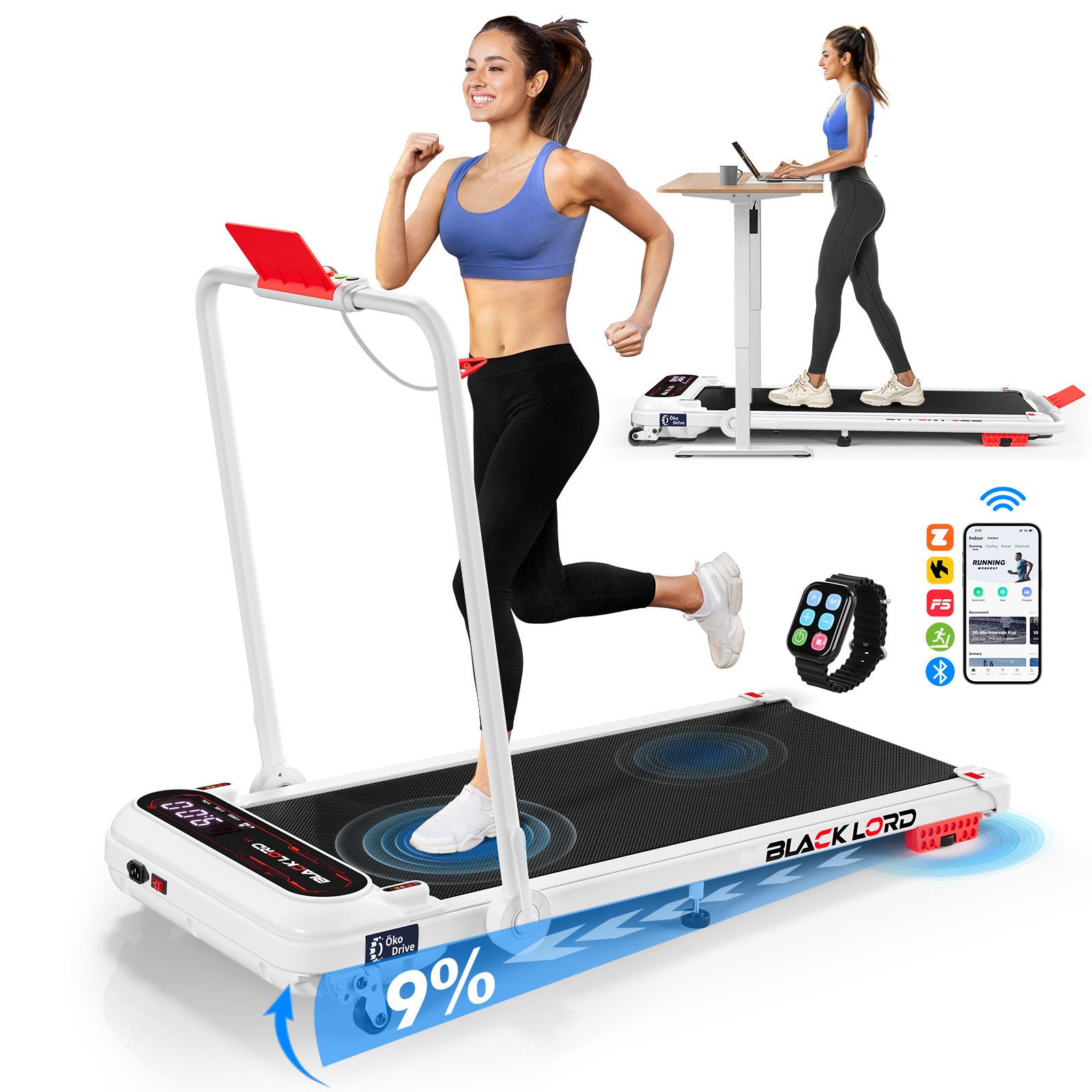 BLACK LORD Laufband 3,0PS Motor, 12 km/h, mit Steigung, Bluetooth App Steuerung, 390mm, 3 Stufen Neigung, LED Display, Fernbedienung, Untertisch