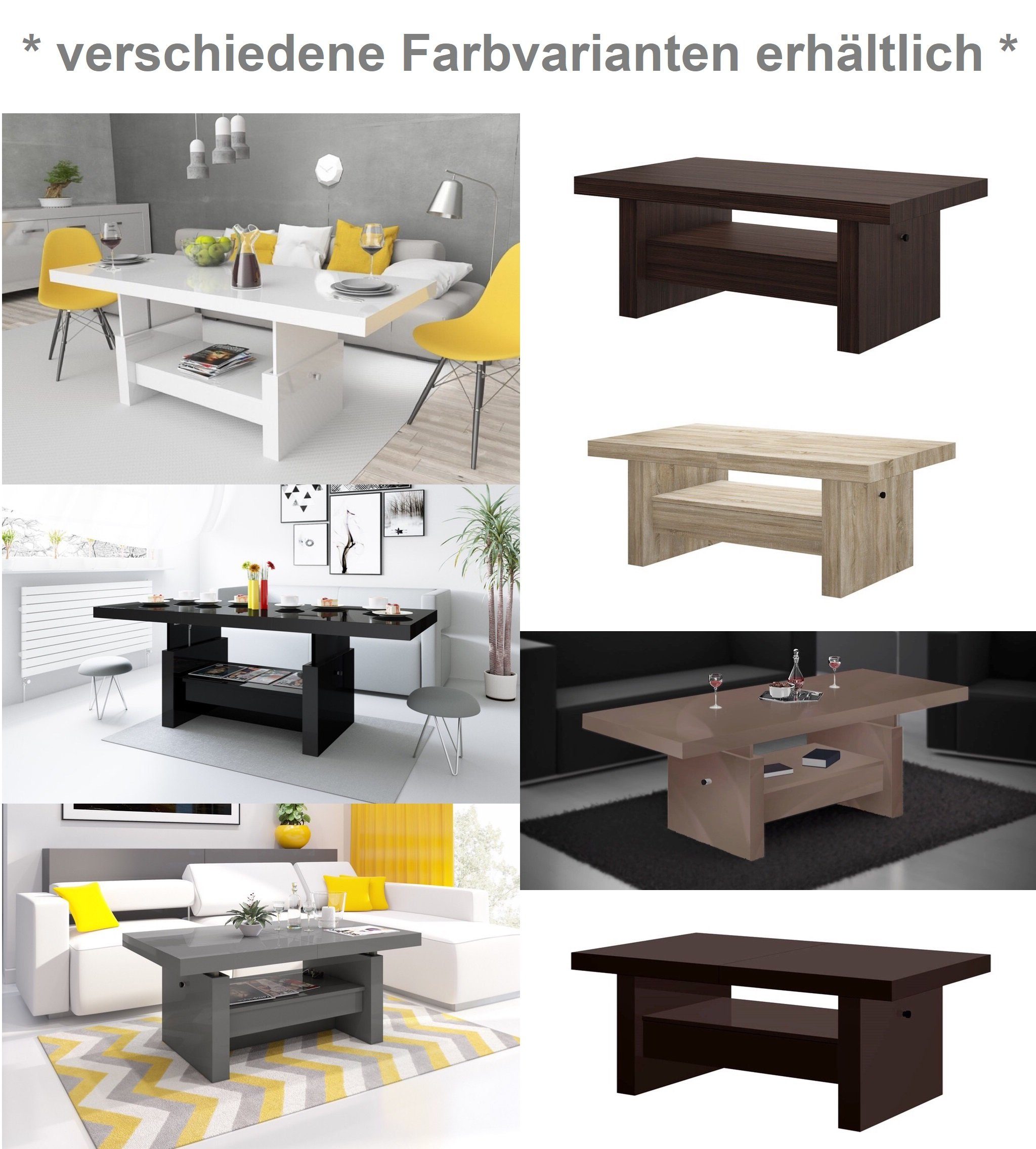 designimpex Couchtisch Aversa H-111 Grau / Anthrazit Hochglanz höhenverstellbar ausziehbar, Funktionstisch, Wohnzimmertisch, Tisch, Esstisch, Sofatisch, Schublade