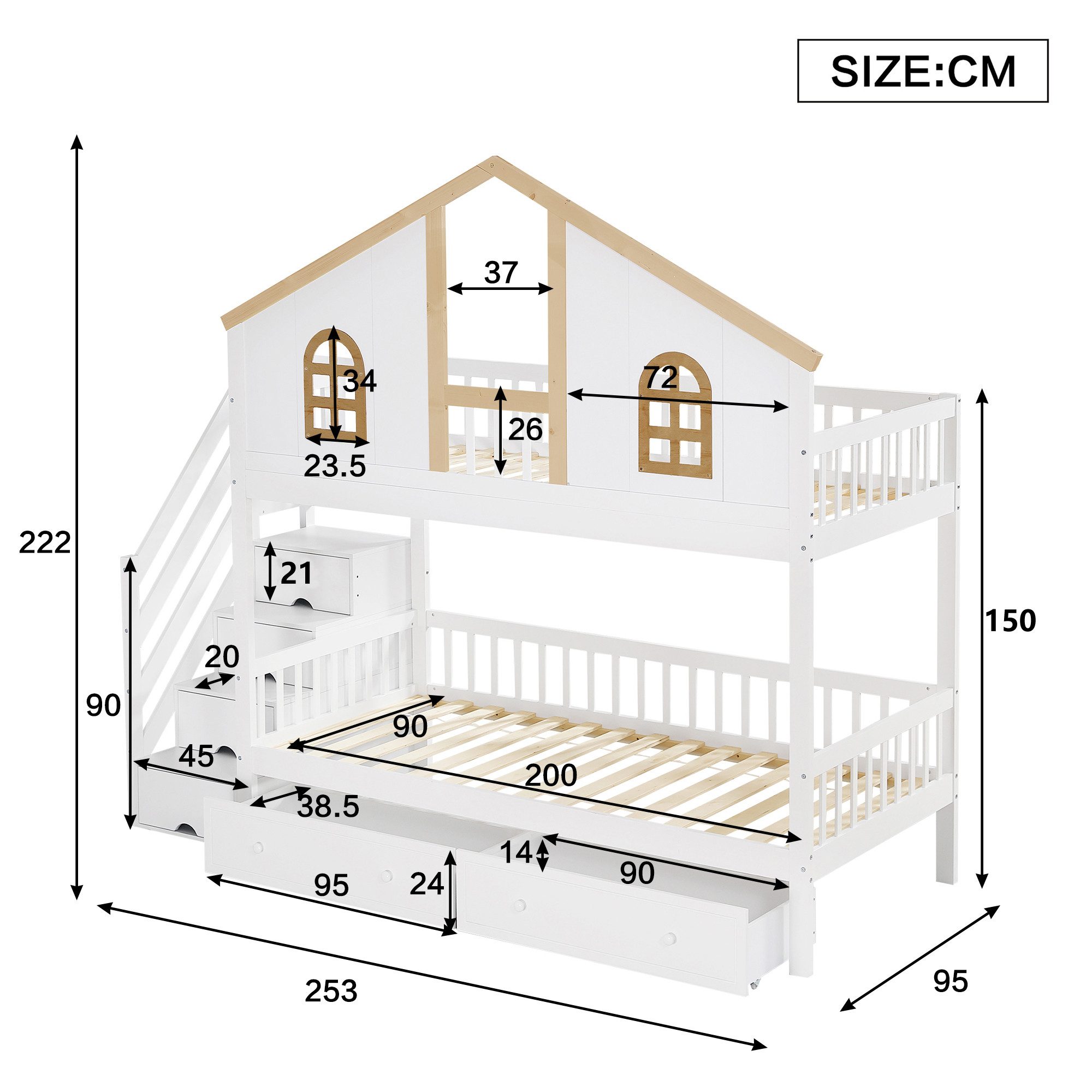 Merax Etagenbett (Stockbett mit Stauraum), Kinderbett 90x200cm mit 2 Schubladen und Stauraumtreppe, Kieferholz – Bild 5 von 5