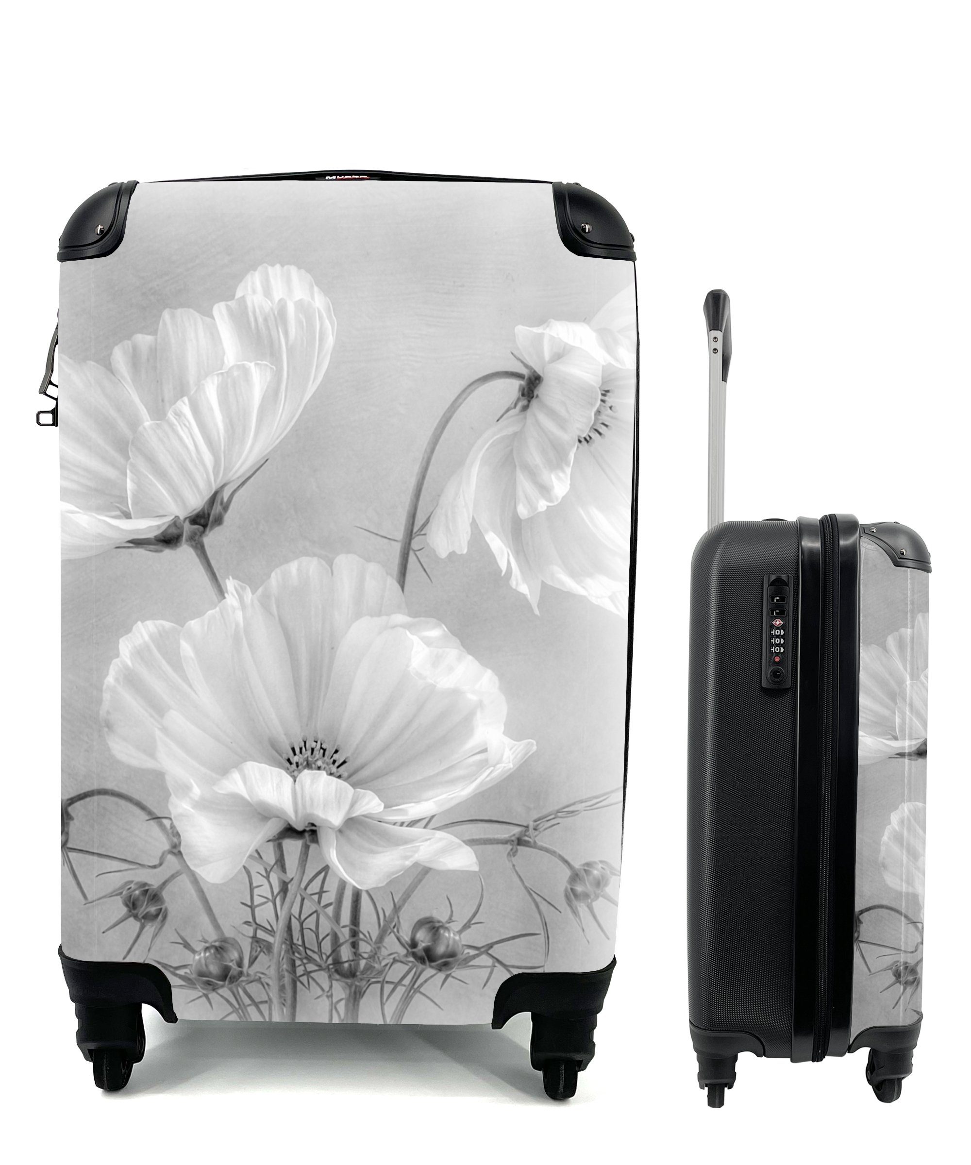 Reisetasche Mohn Reisekoffer für weiß Stilleben 4 Handgepäck mit und Trolley, Handgepäckkoffer - - Schwarz Botanisch, Rollen, - MuchoWow rollen, Blumen Ferien, -