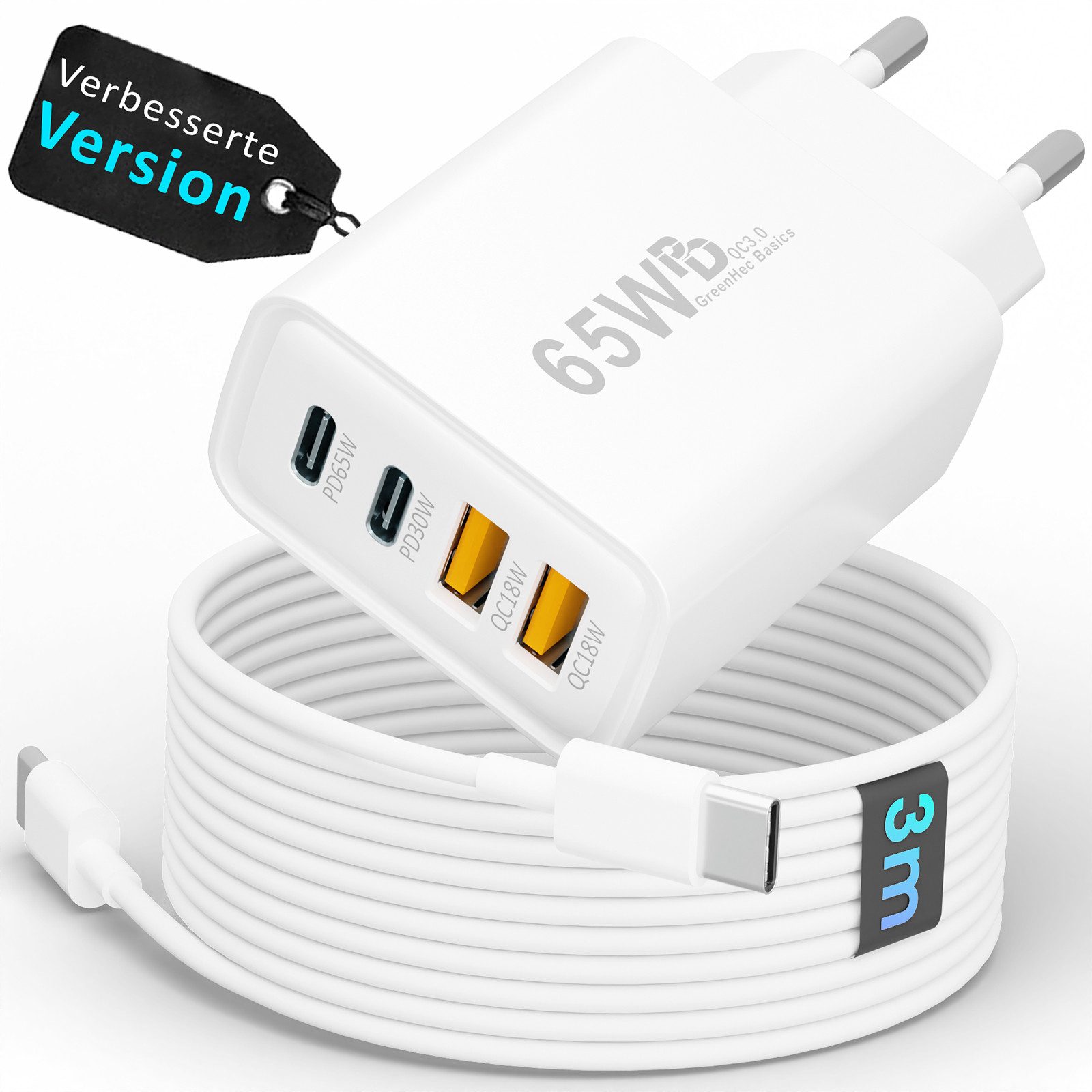 GreenHec 65w USB-C Ladegerät 4-Port Mehrfach Schnellladegerät USB-A Netzteil Schnelllade-Gerät (50 mA, Spar-Set, Universelle Kompatibilität, + Ladekabel Fast Charger Adapter Macbook Ladestation Type C + A Port)