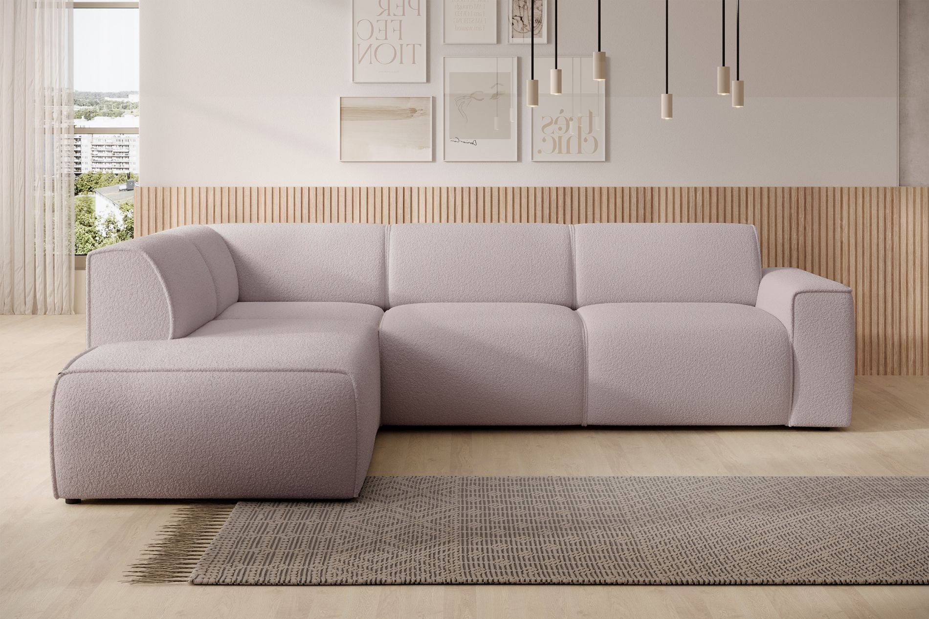 Selsey Ecksofa BOUVI, Ecksofa mit Rückenlehne an der Ottomane, Bouclé, 292 cm
