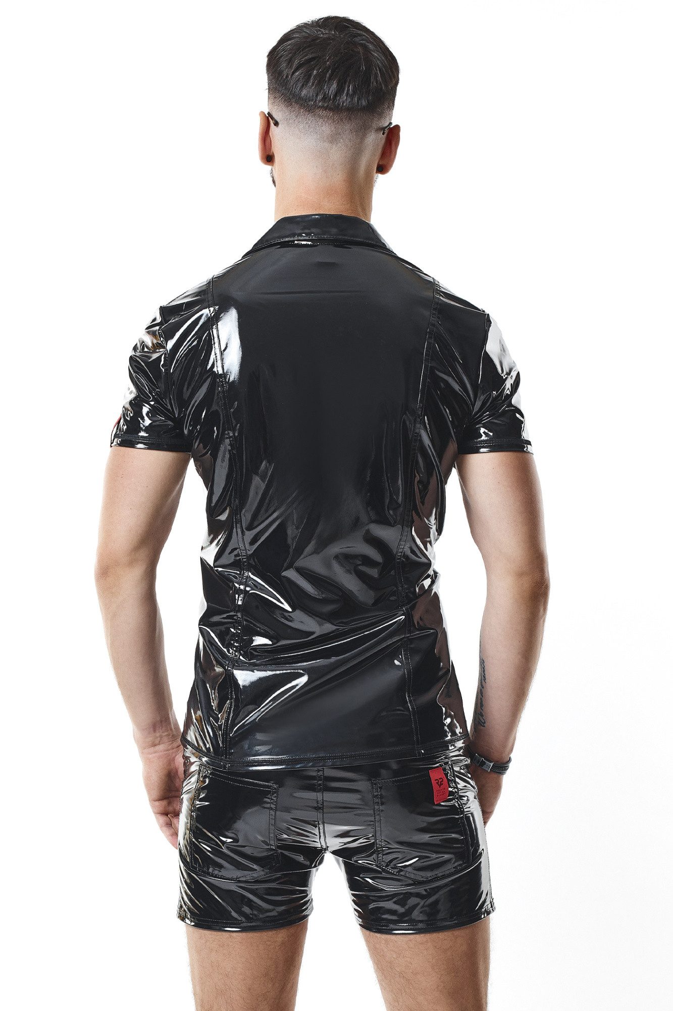 Regnes Fetish Planet T-Shirt Herren T-Shirt wetlook Hemd Poloshirt schwarz mit Stehkragen Slim