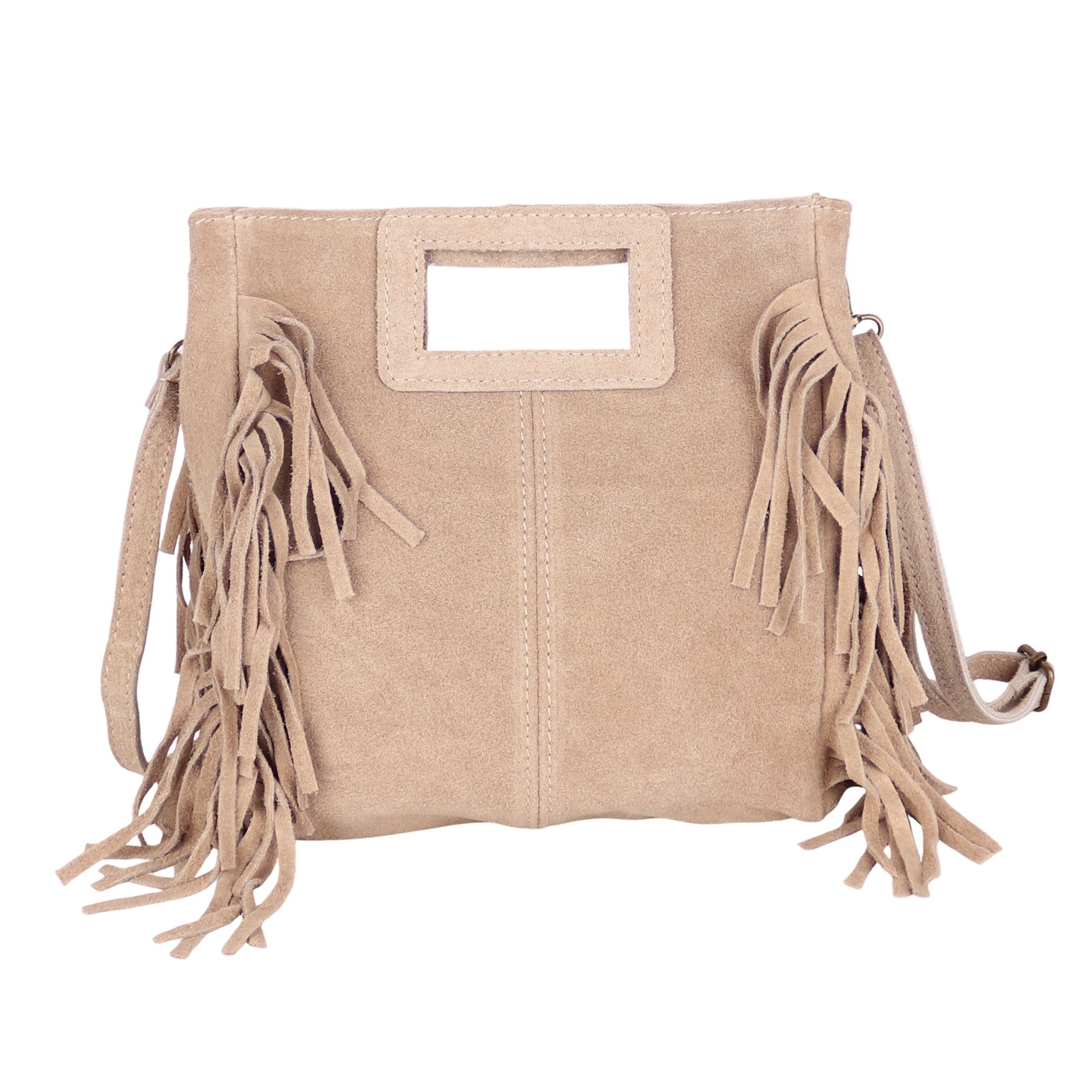 MIRROSI Umhängetasche Damen Crossbody Bag, Echtleder Made In Italy, wunderschöne Fransen (23x24x7cm) aus Wildleder