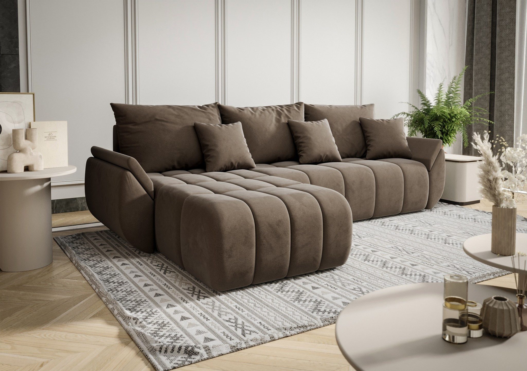 Fun Möbel Ecksofa Schlafsofa Sofa Louise in Stoff Monolith, Ottomane Links oder Rechts, Rundumbezug und ausziehbare Liegefläche