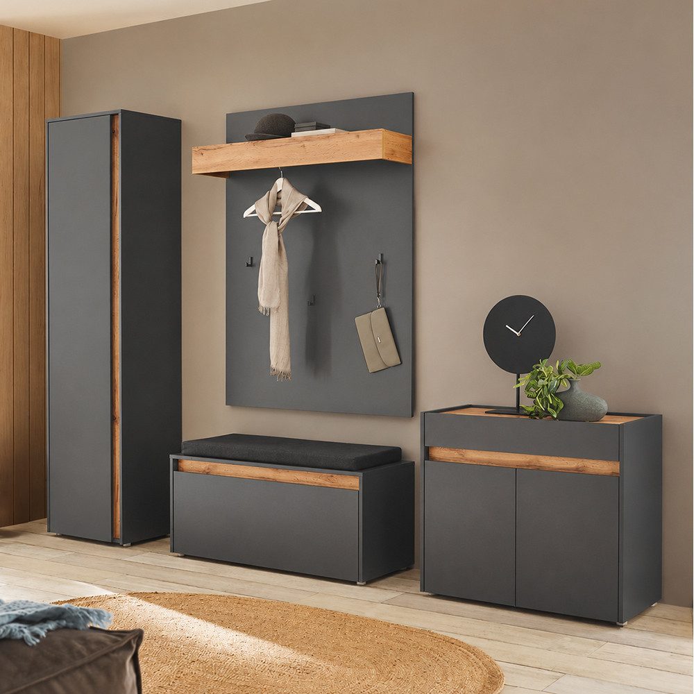 Lomadox Garderoben-Set CRISP-61, (Spar-Set, 4-St., Garderobenpaneel Schuhbank Garderobenschrank Kommode), Anthrazit mit Eiche, griffloses Design, modern