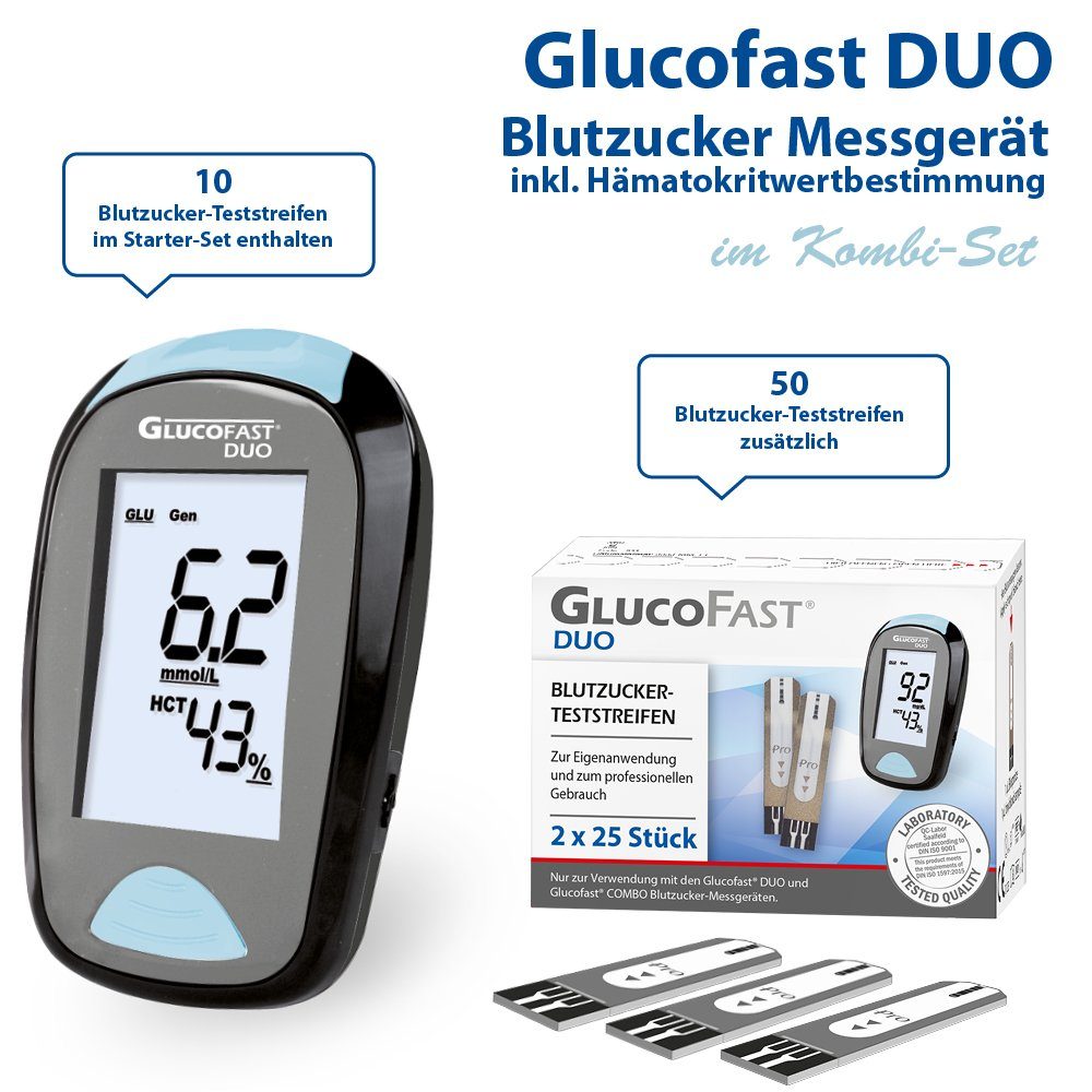 GLUCOFAST Blutzuckermessgerät DUO Maßeinheit in MG, Kombiset, Ink. 60 Tetsteifen, 10 Lanzetten und Lanzettiergerät, Blutzucker und Hämatokritwert mit einer Messung bestimmen