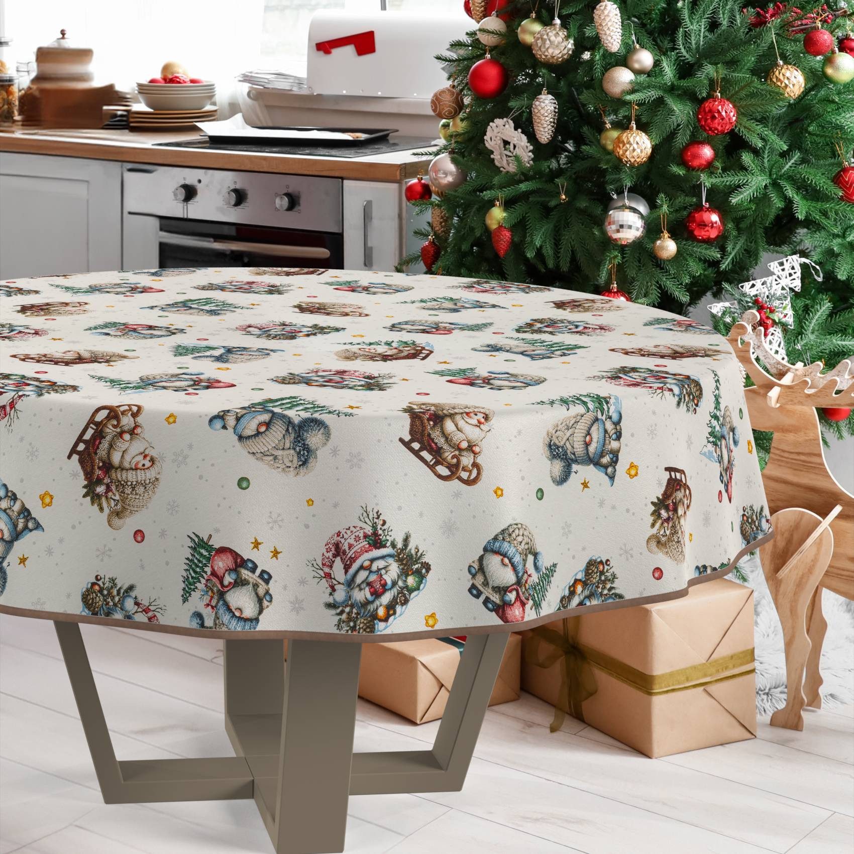 ANRO Tischdecke Weihnachten abwaschbare Weihnachtstischdecke (Einzelstück 1-tlg), Schmutzabweisend Weihnachten Grün Rund 100cm – Bild 4 von 5