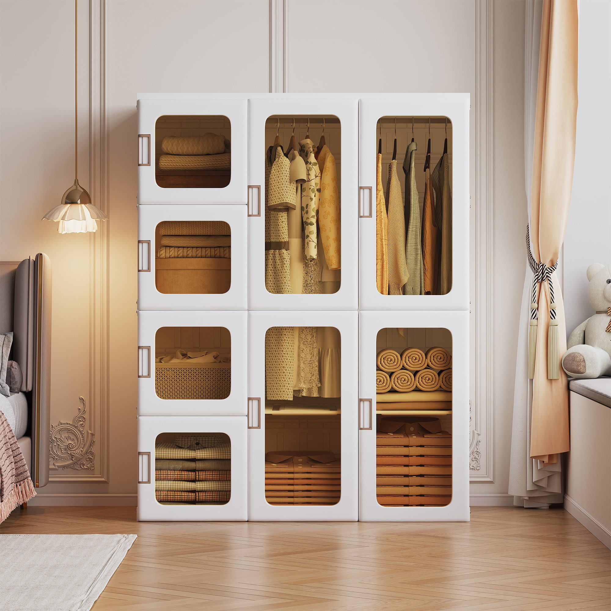 FUROKOY Kleiderschrank Garderobenschrank Faltbarer Kleiderschrank mit Transparente Tür (Set, 1-St., Drehtürenschrank mit 12 Fächer+8 Türen+2 Kleiderstange) Hochschränke mit Türgriff, Mehrzweckschrank für Schlafzimmer