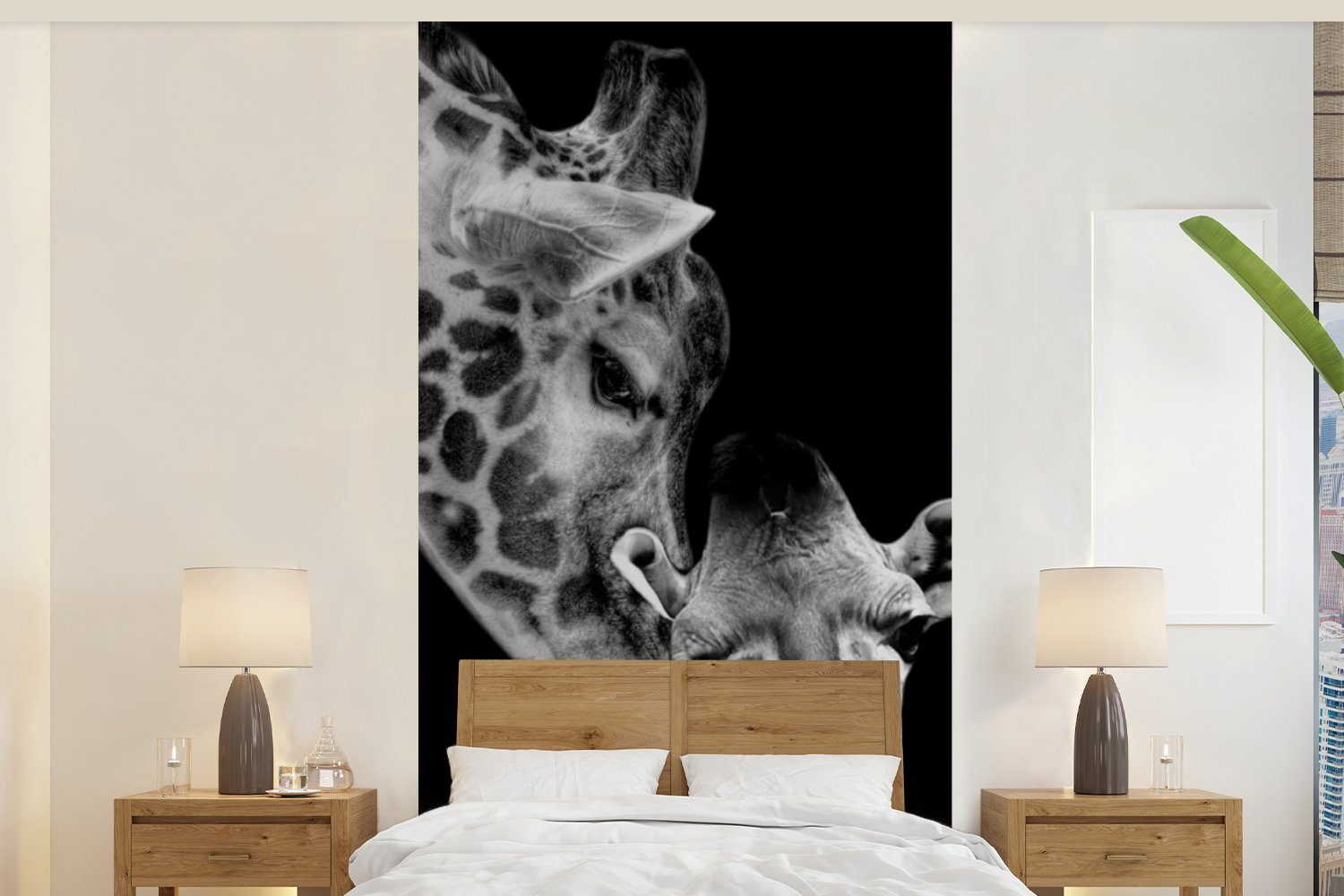 MuchoWow Fototapete Porträt - Giraffe - Tiere - Schwarz - Weiß, Matt, bedruckt, (2 St), Vliestapete für Wohnzimmer Schlafzimmer Küche, Fototapete