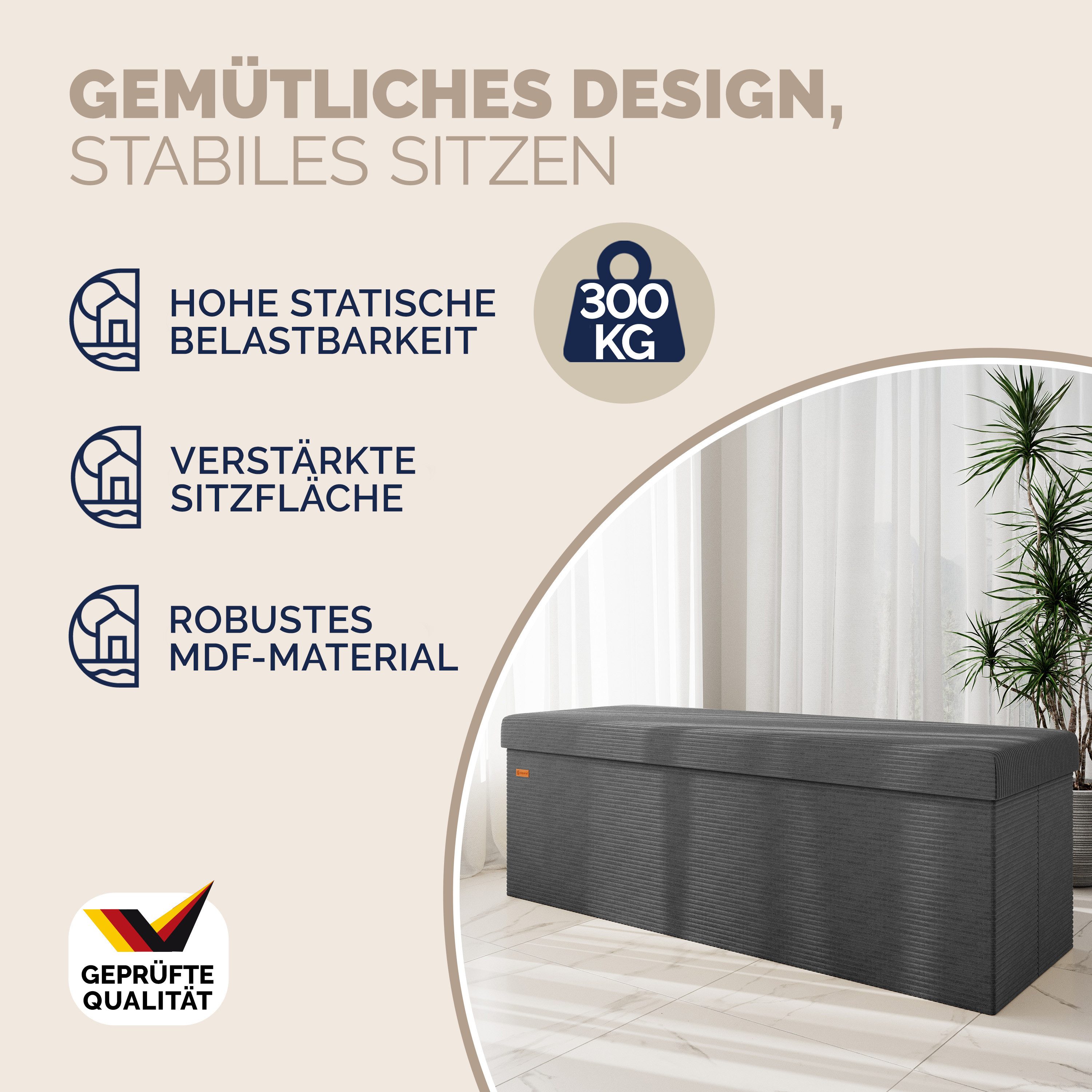 Casaria Sitzbank, Cord Anthrazit Faltbar inkl. 2 Boxen 114cm 300kg Belastbarkeit Flur