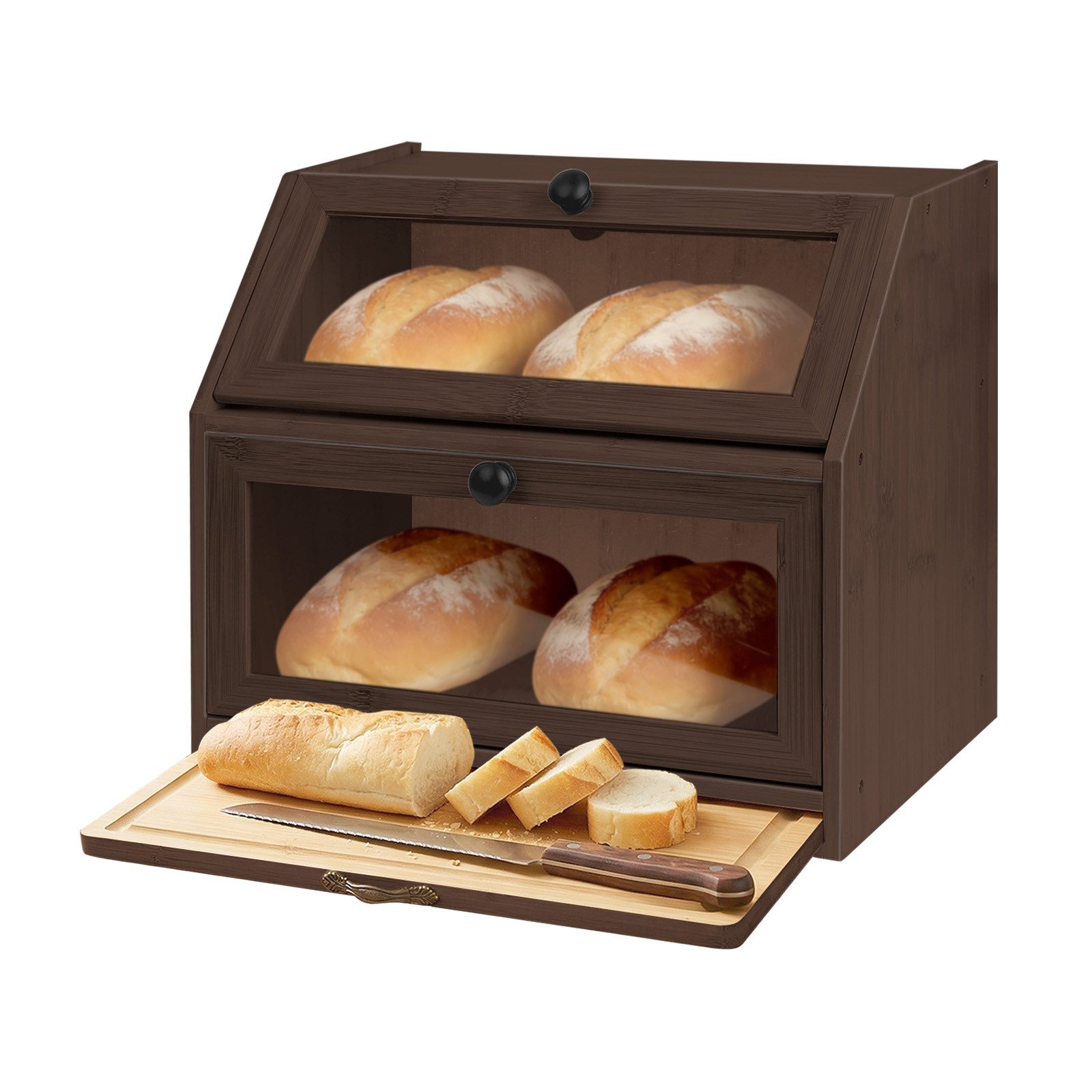 JEOBEST Brotkasten Brotkasten Bambus, Brotbox Küche, Brotkästen Holz mit Schneidebrett, 2 Etagen + Sichtfenster, Platzsparend und stilvolle für Küche