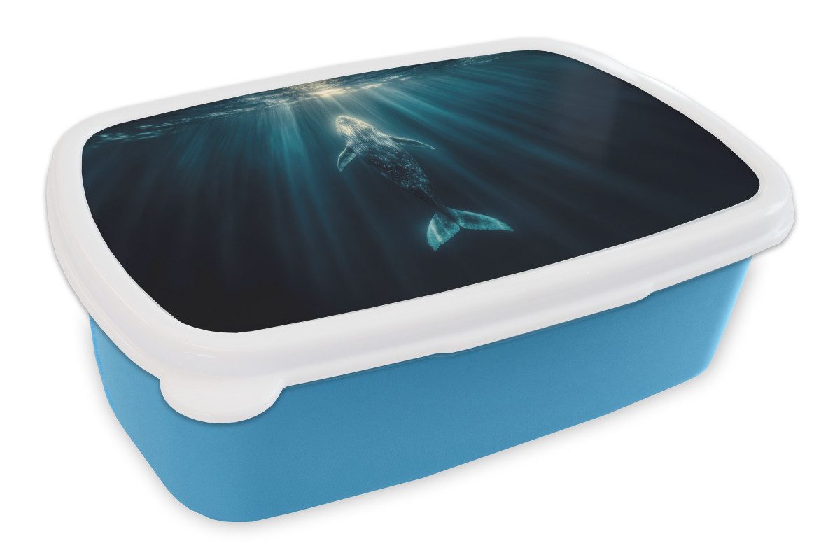 MuchoWow Lunchbox Wal - Wasser - Sonnenstrahlen - Blau, Kunststoff, (2-tlg), Brotdose, Lunchbox, Brotbox für Kinder und Erwachsene