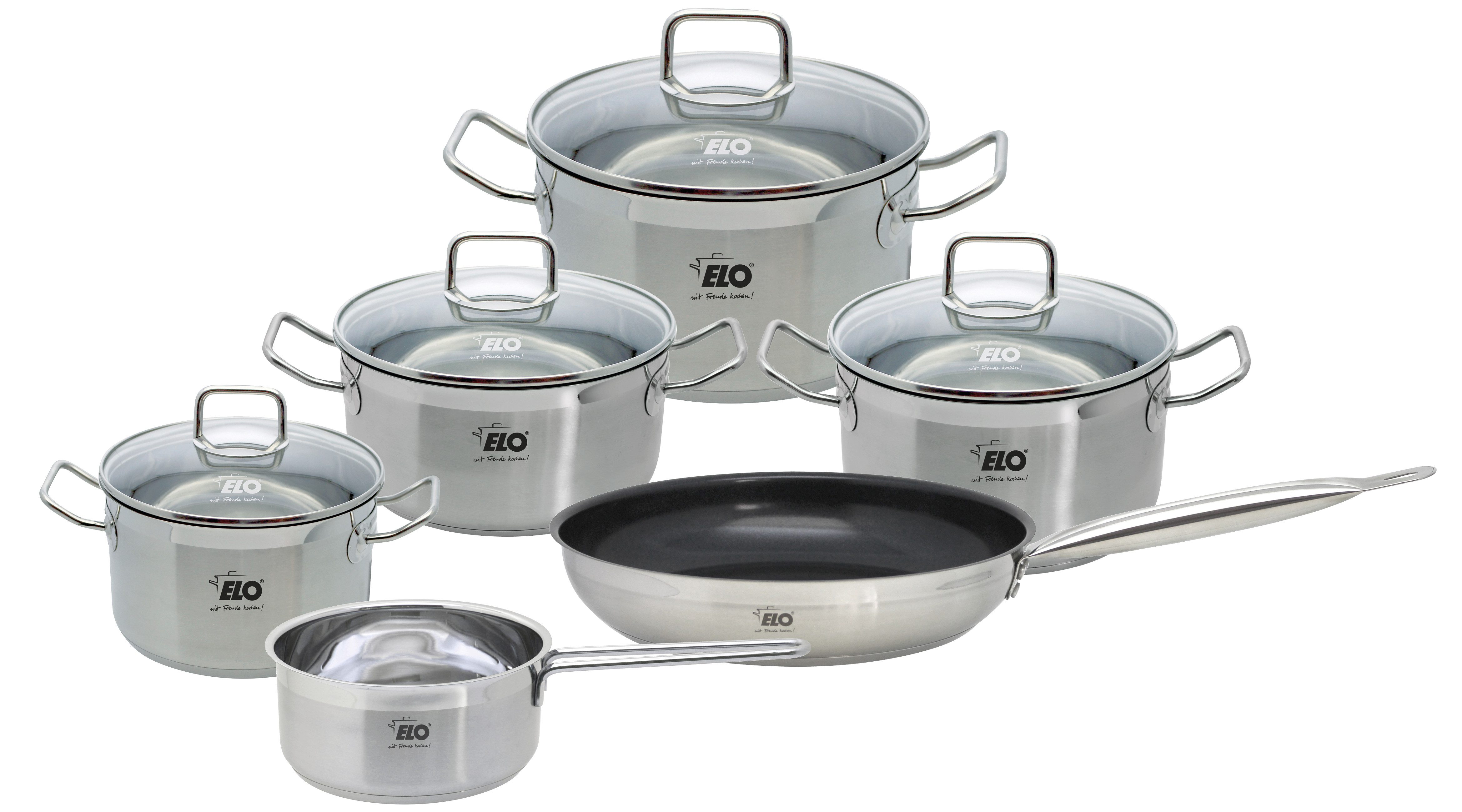 Elo Basic Topf-Set Basic Profi Duo Therm Topfset 6-teilig, Edelstahl (Set, 10-tlg), Volumenskala, integriertes Öl-Dosiersystem