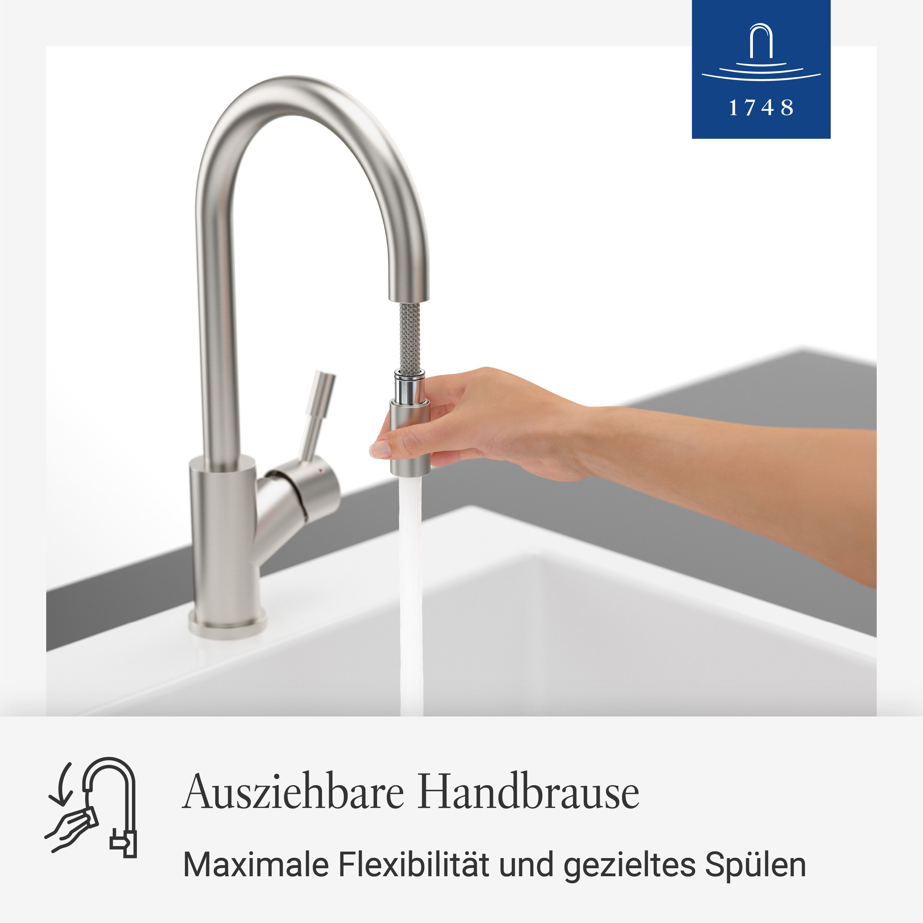 Villeroy & Boch Küchenarmatur Umbrella Flex ausziehbare Handbrause, 360° Schwenkbereich, Edelstahl massiv