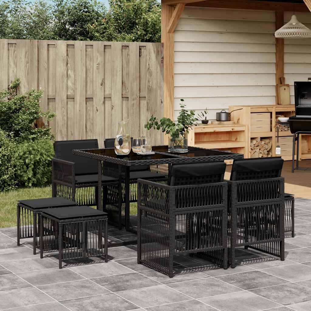 vidaXL Garten-Essgruppe 9-tlg. Garten-Essgruppe mit Kissen Schwarz Poly Rattan, (8-tlg)
