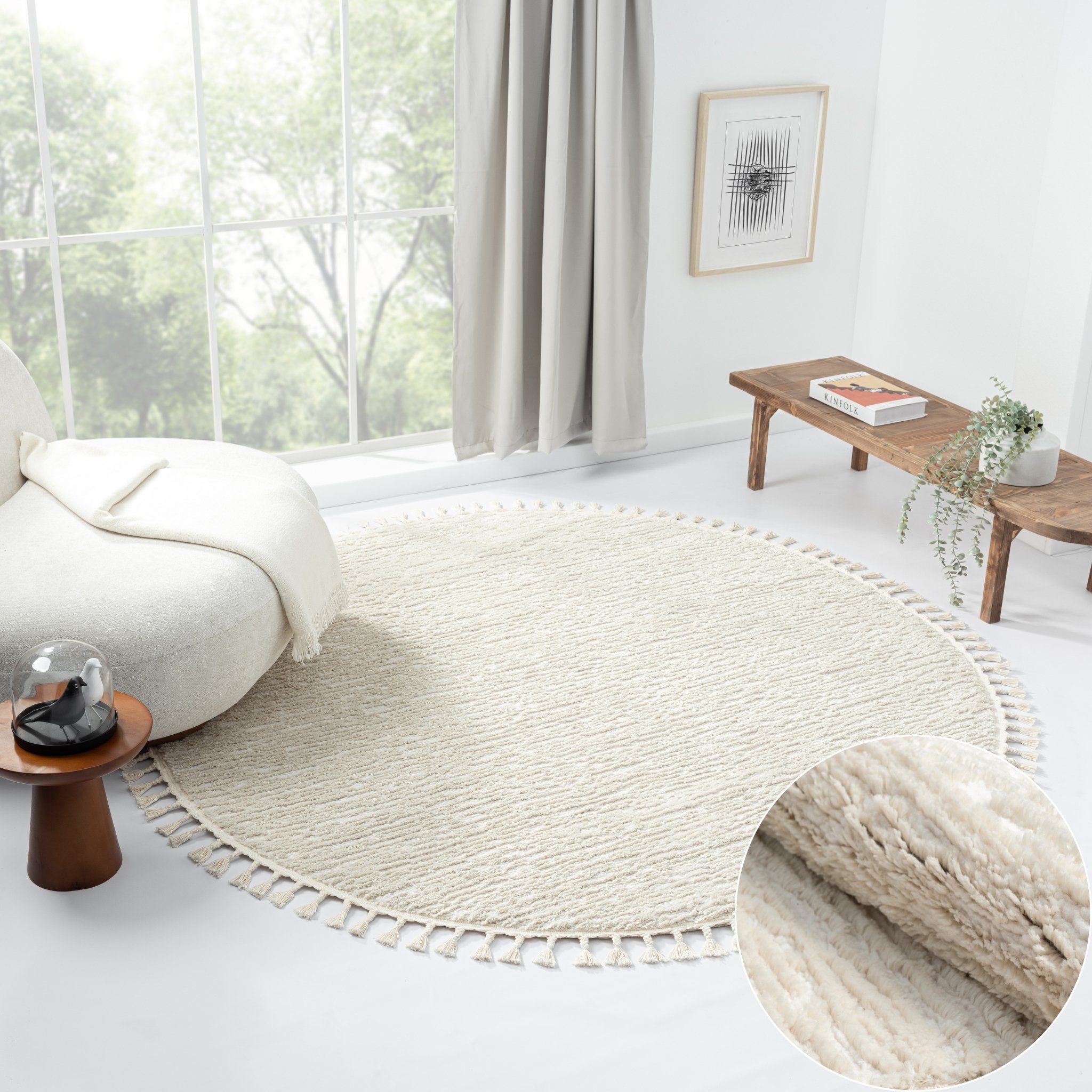 Teppich MY-RUG Liv, Hochflor-Teppich 140x140cm, Wohnando, Rund, Höhe: 20 mm, 3D-Design, im Boho-Stil, Moderner Fransen-Teppich