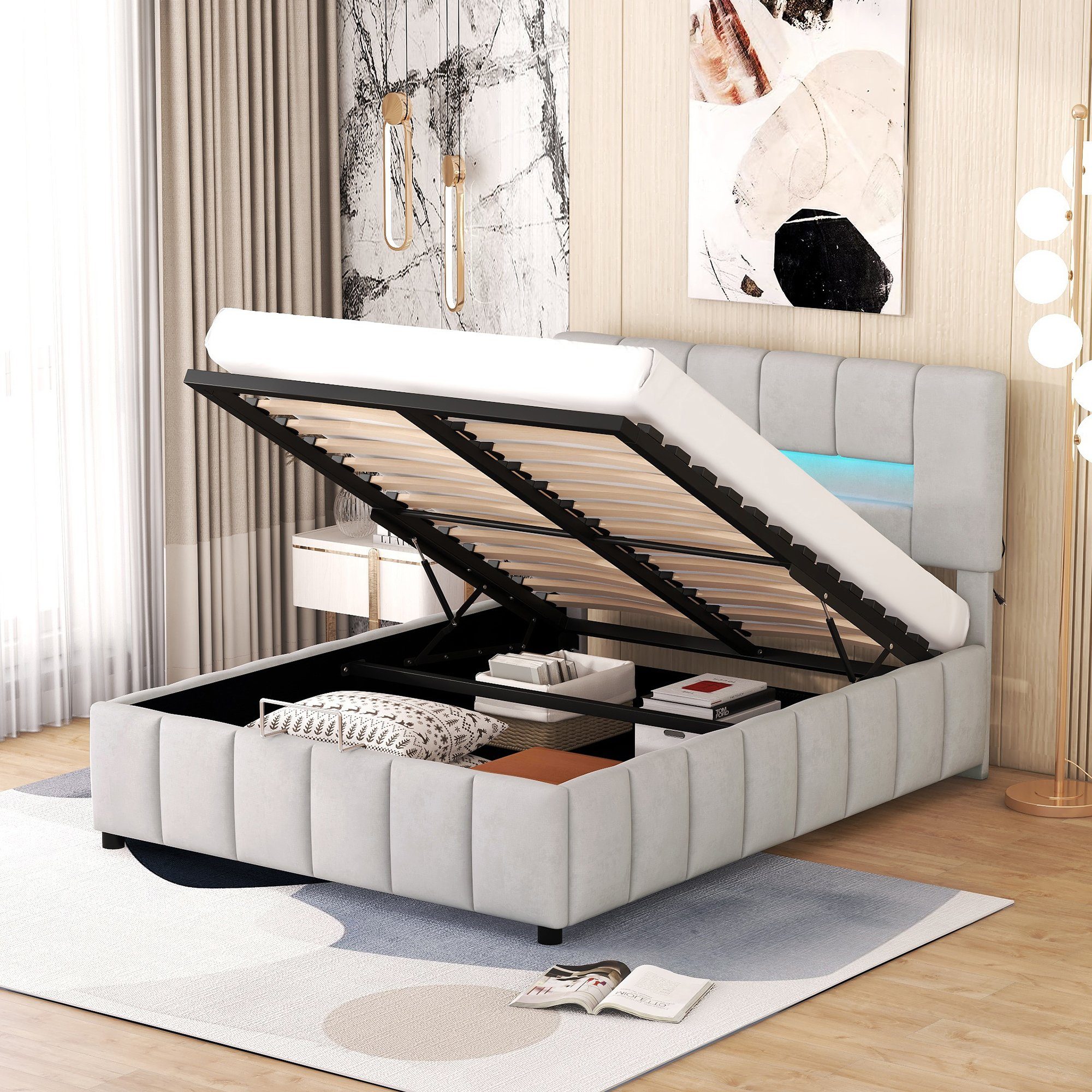 Merax Polsterbett mit LED und Lattenrost, Doppelbett 140x200 cm mit Samtbezug, Stauraumbett Grau | Grau