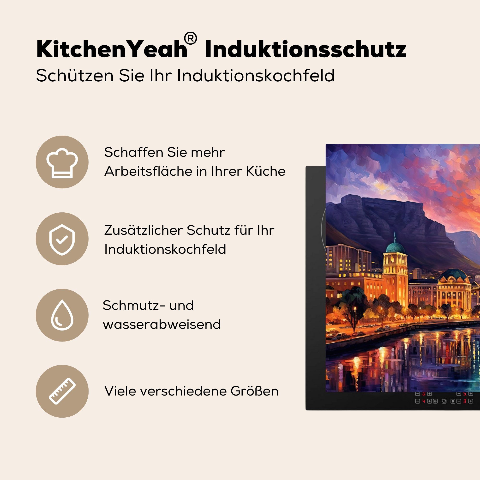 MuchoWow Herdblende-/Abdeckplatte Kapstadt - - 60x52 Arbeitsfläche Mobile - cm, (1 tlg), - Vinyl, Sonnenuntergang Architektur Kunst, nutzbar, Stadt Ceranfeldabdeckung