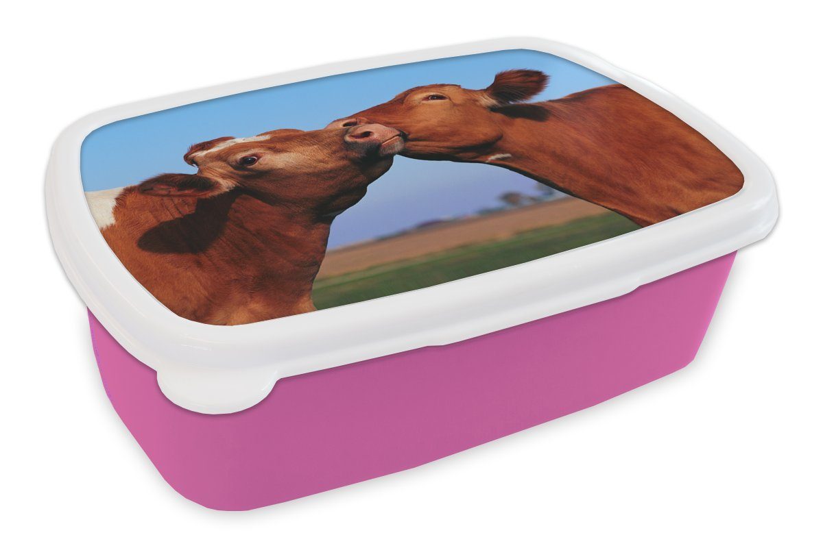 MuchoWow Lunchbox Kühe - Sommer - Braun, Kunststoff, (2-tlg), Brotbox für Erwachsene, Brotdose Kinder, Snackbox, Mädchen, Kunststoff rosa