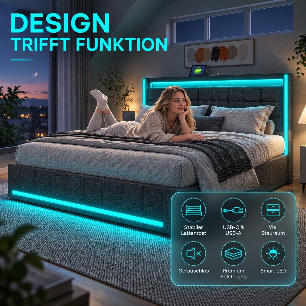 PXloue Polsterbett LED-Bett mit Stauraum und Ladeanschluss (Geeignet für Jugendliche und Erwachsene), Fernbedienung für LED-Farben und sicheres Leinenmaterial 1 – Bild 3 von 5