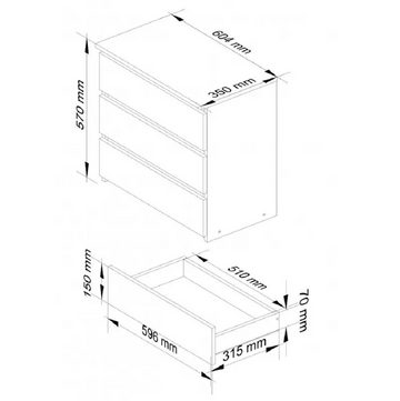 Roysson Home Kommode 60x35x57cm mit 3 Schubladen NIKE 3S: Weiß