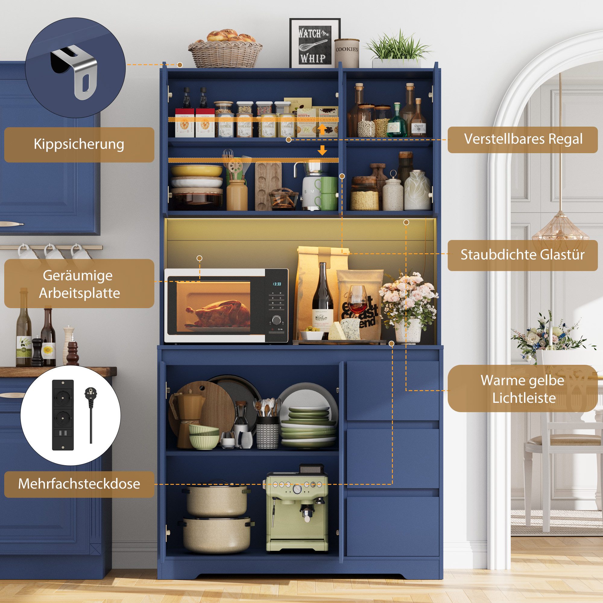 Homfa Küchenbuffet Küchenschrank Buffetschrank mit LED Sideboard blau mit Steckdosenleiste & Arbeitsplatte 180x100x38,5cm – Bild 5 von 5