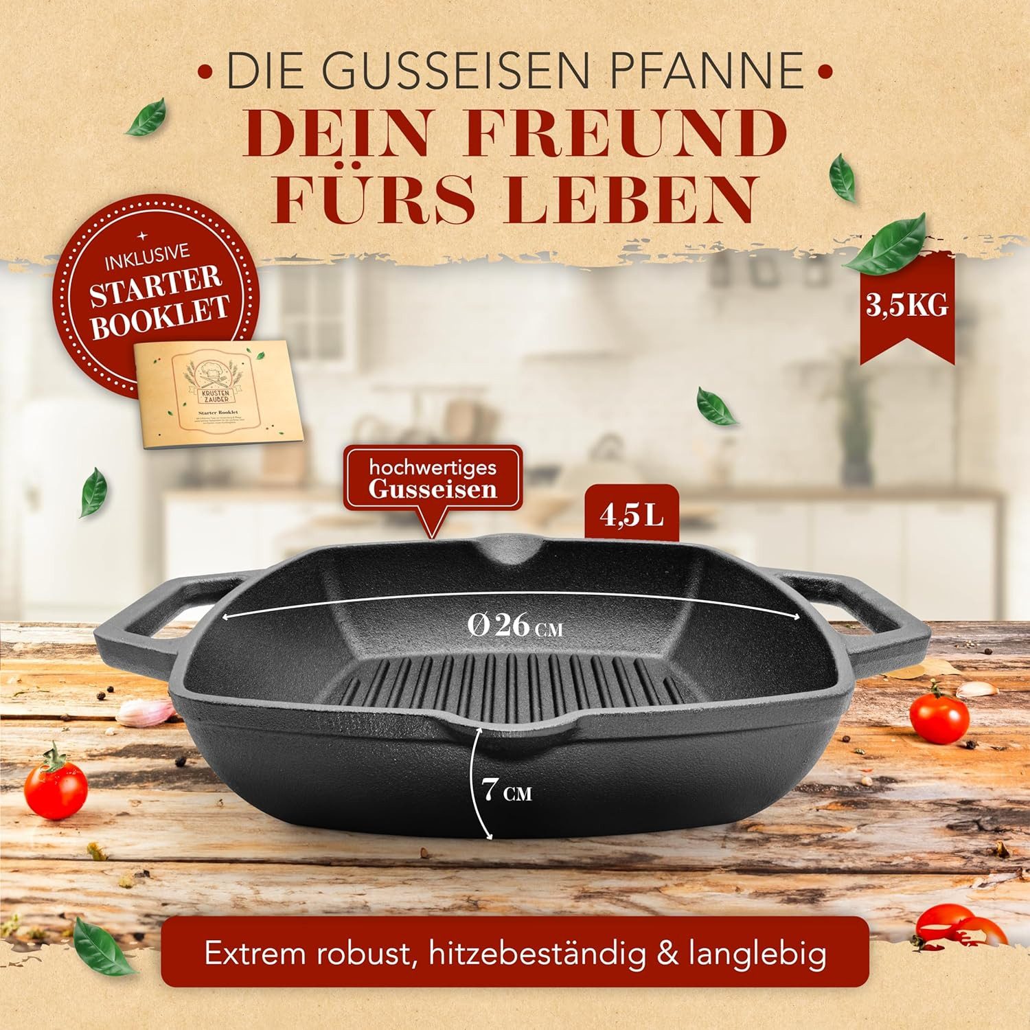 Krustenzauber Grillpfanne 26cm Grillpfanne Induktion -, (Geriffelte Gusseisenpfanne Induktion - Ideale Gusseisen Pfanne, Eisenpfanne, Cast Iron Pan, Bratpfanne), Gusseiserne Pfanne Skillet Gusspfanne