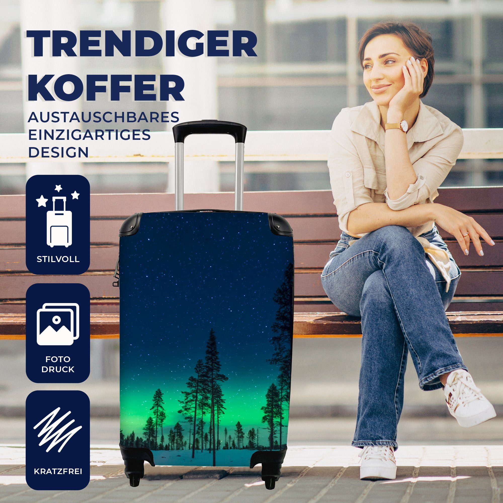 MuchoWow Handgepäckkoffer für - Schnee Natur Trolley, 4 - - Reisetasche mit rollen, Ferien, Rollen, Bäume - Grün, Reisekoffer Nordlicht Handgepäck